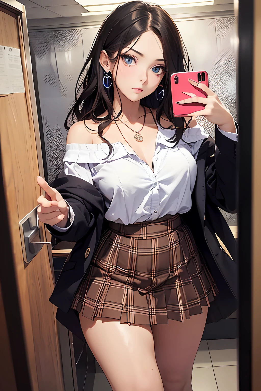 (masutepiece: 1.3), (max resolution: 1.2), (Ultra HDTV: 1.2), cinema lite, Ultra HDTV, (Detailed eyes and skin), (detailed facial features), ultgp, 8K resolution, Sharp Focus: 1.2, Perfect Style, Beautiful Face, accurate, Anatomically correct, Highly detailed face and skin texture, Detailed eyes, Dark-blue eyes, Double eyelids, Thin eyebrows, dropping eyes, (Glitter Eyeliner:1.2), Natural cheeks, Glossy skin, (Fair skin:1.2), shiny necklace and earrings, (Glossy lips: 1.4), break, absurderes, One-person viewpoint, (she is high school Student), (Wearing a Button up shirt, blazer, Pleated mini skirt), ((off-shoulder:1.3)), (Sexy collarbone:1.2), (worried face: 1.2), (Staring at the viewer), ((Innocent and very cute girl:1.3)), (Layered hairstyle, Wavy Hair), (Dark brown hair:1.2), Medium Long Hair, (Full body shot: 1.2), Focus on Face, medium large breasts, ((selfie sexy pose on Instagram:1.4)), ((In the school Changing room)),