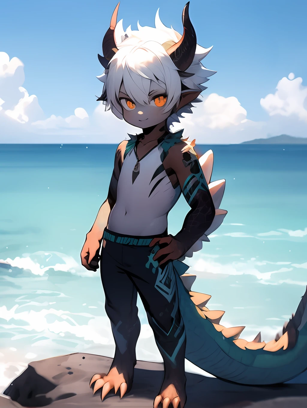 anime - style image of a young boy standing on a rock in front of the ocean, concept art by Shitao, Pisif, Furry art，trending on artstation pixiv, Guviz-style artwork, Guviz, Guweiz on ArtStation Pixiv, young male anthro dragon，White scales，White hair，Close-up photos，（Slightly fat）