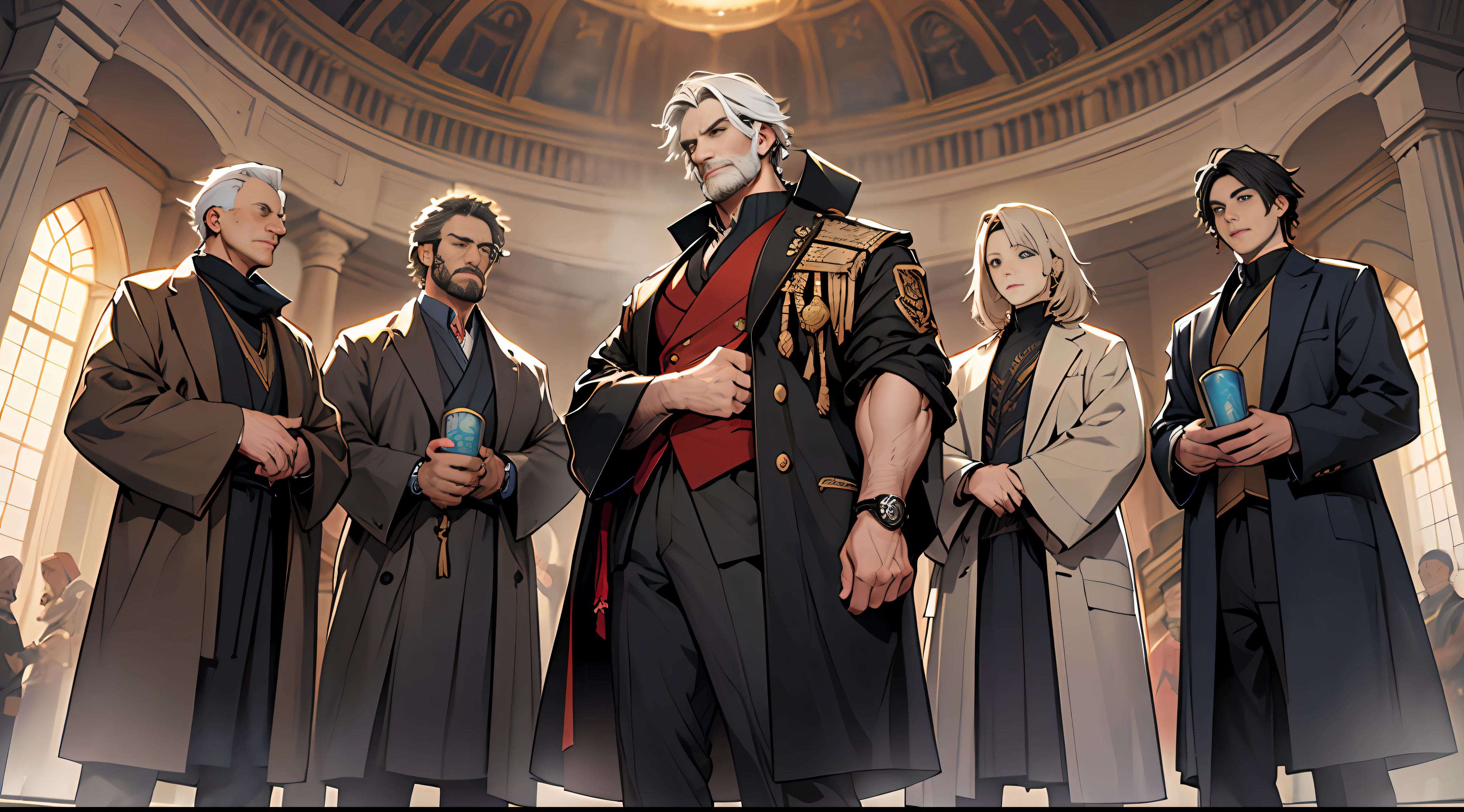 Best quality, 巨作, Super detail, A tall man standing in the center of the Spirit and Goodness team, surrounded by a group of reliant companions, Determined gaze,There was an expression of hope and anticipation on his face.