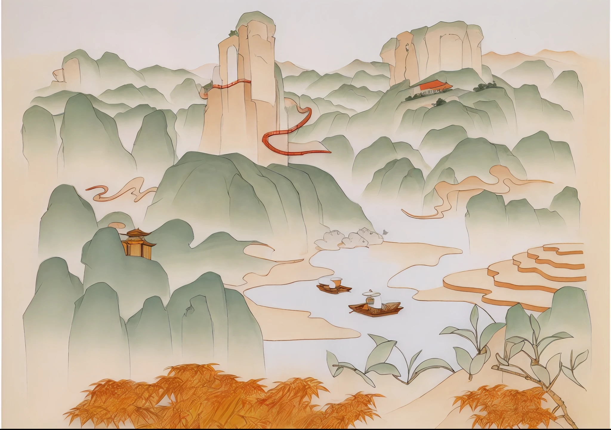 a drawing of a mountain with a house and a bird in it, 2d game lineart behance hd, 2d game lineart behance hd, coloring book page, clean lineart, colouring - in sheet, Chinese landscape, stylized linework, bold lineart, Coloring book outline, lineart behance hd, arte de fundo, clean coloring book page，baiyun，mountain ranges，rios，Teapot teacup，teals，bamboo raft，Ancient Chinese architecture
