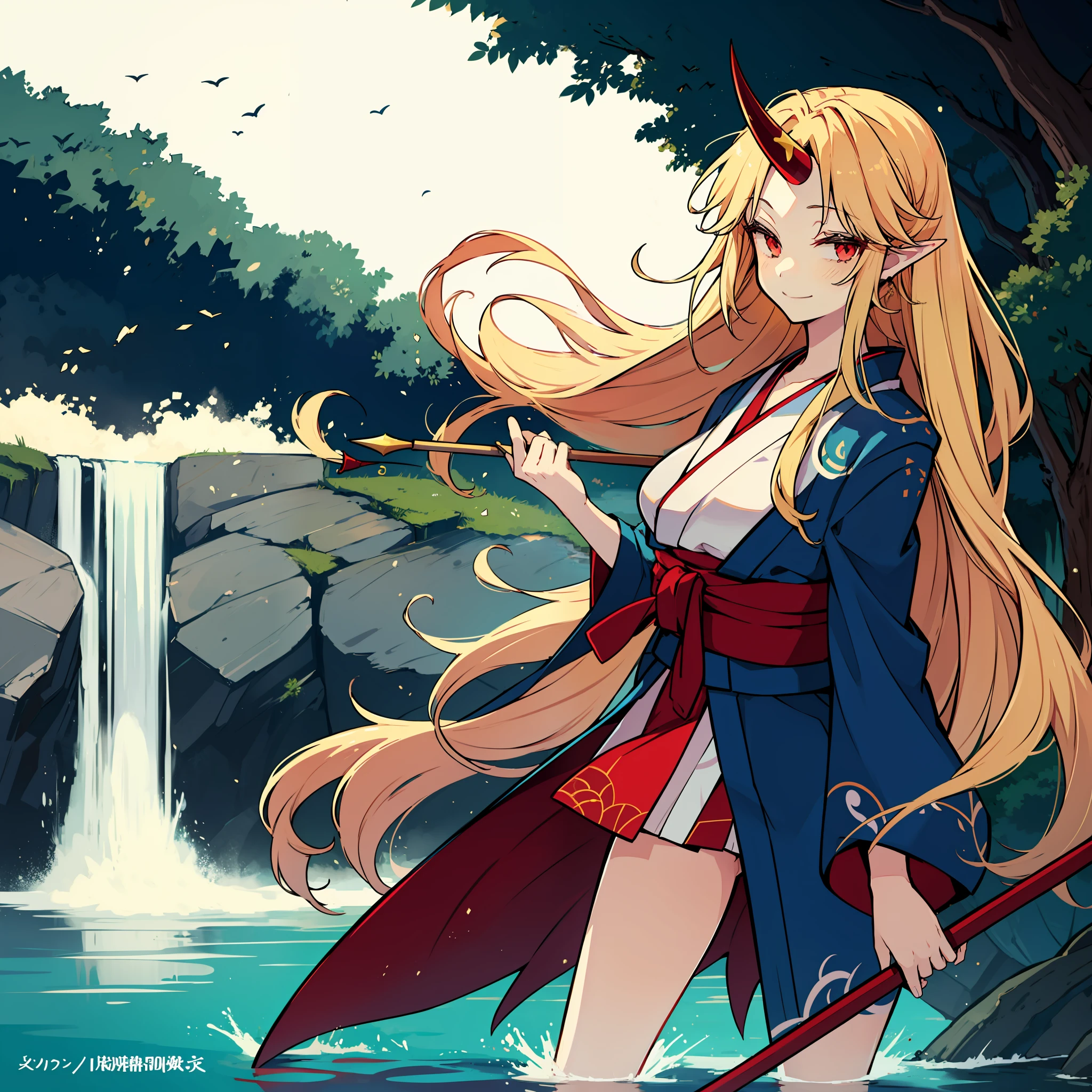 the anime pornstar with boobs standing in front of a waterfall holding onto a spear, 1girl, hoshiguma yuugi, breasts, solo, single horn, sarashi, blonde hair, horns, long hair, red eyes, pointy ears, japanese clothes, open kimono, smile, kimono,hoshiguma yuugi, blonde hair