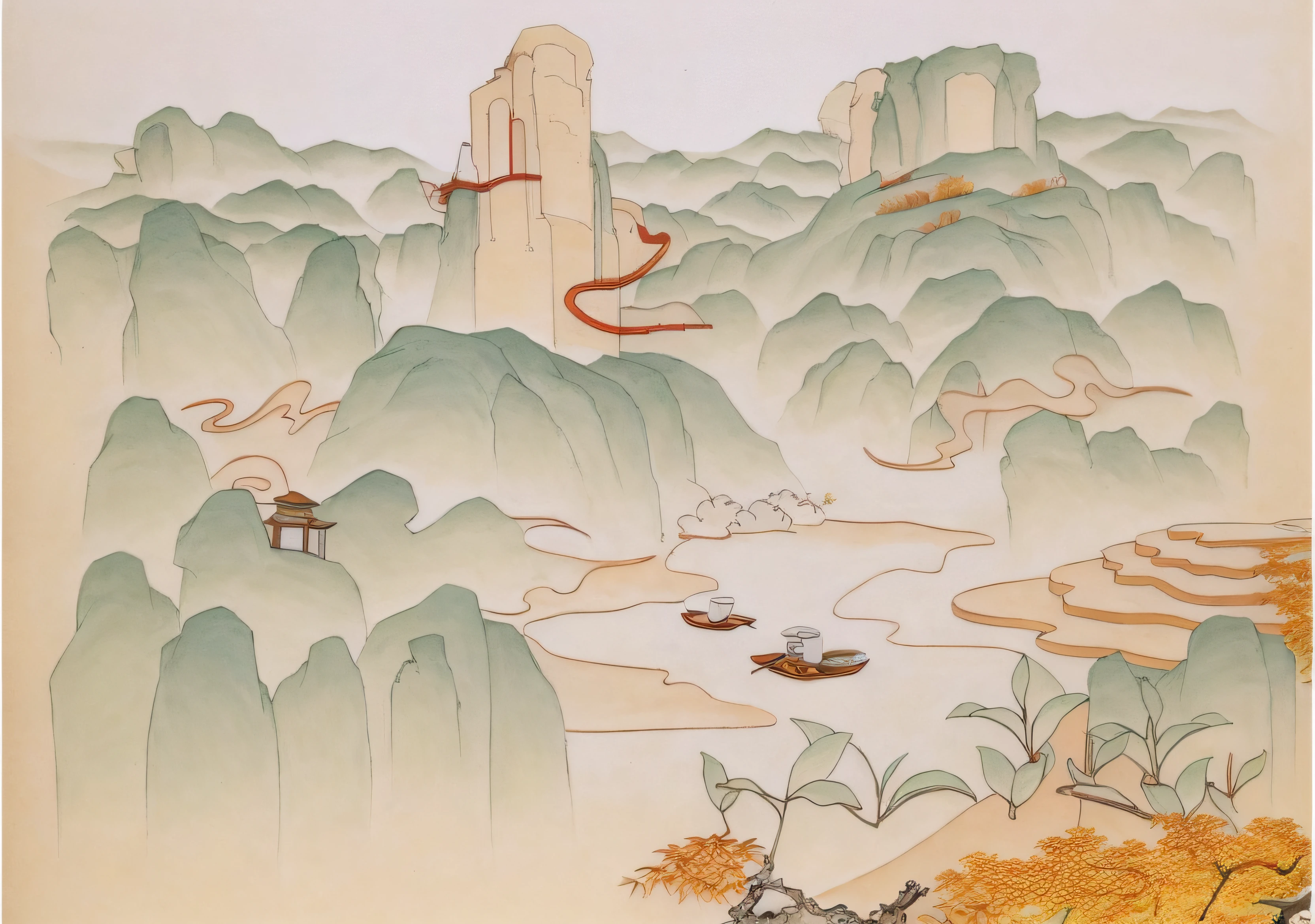 a drawing of a mountain with a house and a bird in it, 2d game lineart behance hd, 2d game lineart behance hd, coloring book page, clean lineart, colouring - in sheet, Chinese landscape, stylized linework, bold lineart, Coloring book outline, lineart behance hd, arte de fundo, clean coloring book page,baiyun,mountain ranges,rios,Teapot teacup,teals,bamboo raft,Ancient Chinese architecture