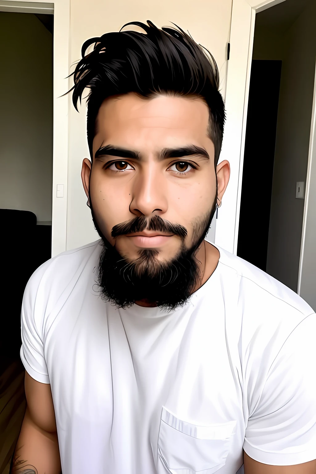 Homem metade areia e metade humano com barba, olhos azuis, cabelo cinza e com tanquinho