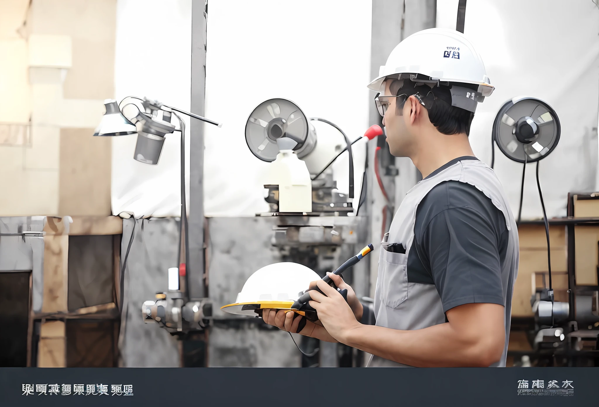 there is a man that is holding a helmet and a cell phone, shot with canon eoa 6 d mark ii, maintenance photo, industrial photography, engineer, Handsome, Maintenance, background-image, maintenance area, taken with canon eos 5 d mark iv, Advanced technology, A handsome, gettyimages, ( Mechanical ), engineering, 600mm, 6 0 0 mm --auto