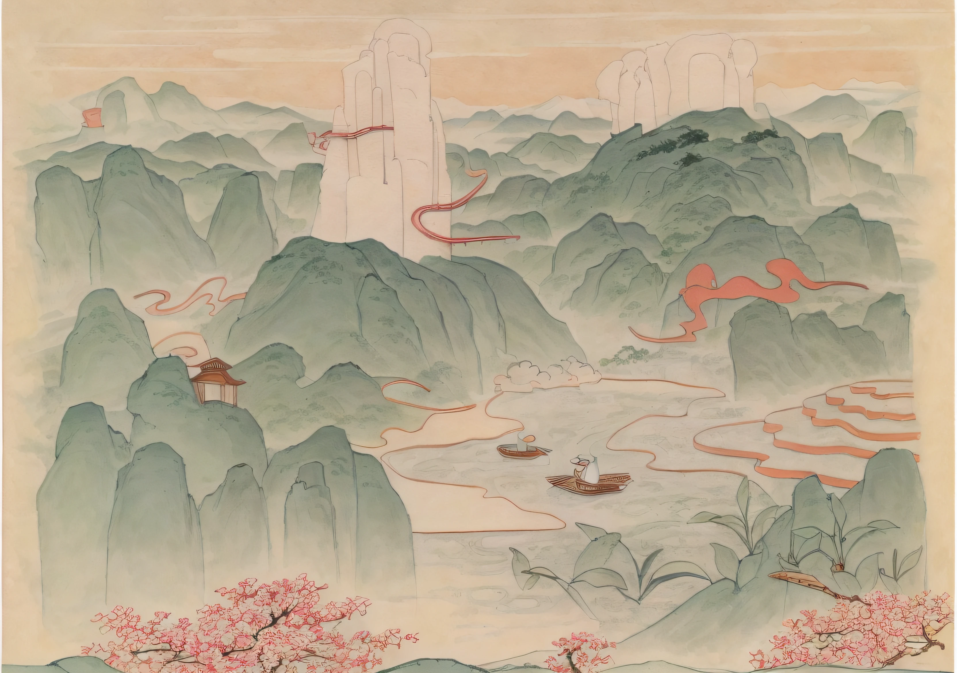 a drawing of a mountain with a house and a bird in it, 2d game lineart behance hd, 2d game lineart behance hd, coloring book page, clean lineart, colouring - in sheet, Chinese landscape, stylized linework, bold lineart, Coloring book outline, lineart behance hd, arte de fundo, clean coloring book page,baiyun,mountain ranges,rios,Teapot teacup,teals,bamboo raft,Ancient Chinese architecture,crisp edges