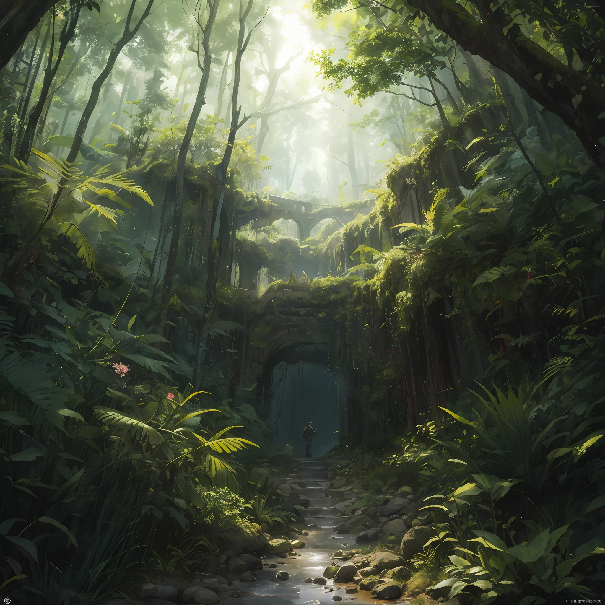 A detailed and intricate digital illustration of a dense jungle full of exotic flora and fauna, with sunlight filtering through the canopy creating a dappled effect. Yoshitaka Amano and Hayao Miyazaki's style, masterpieces, proportions, details, art station trends, beautiful lighting, realistic, intricate, award winning, 4k, highest quality award winning, 4K digital painting in the style of Yoshitaka Amano. A detailed and intricate depiction of the zombie apocalypse, masterfully capturing the chaos and drama of the scene. Beautiful lighting and cinematic composition make this piece a true masterpiece, trending on artstation