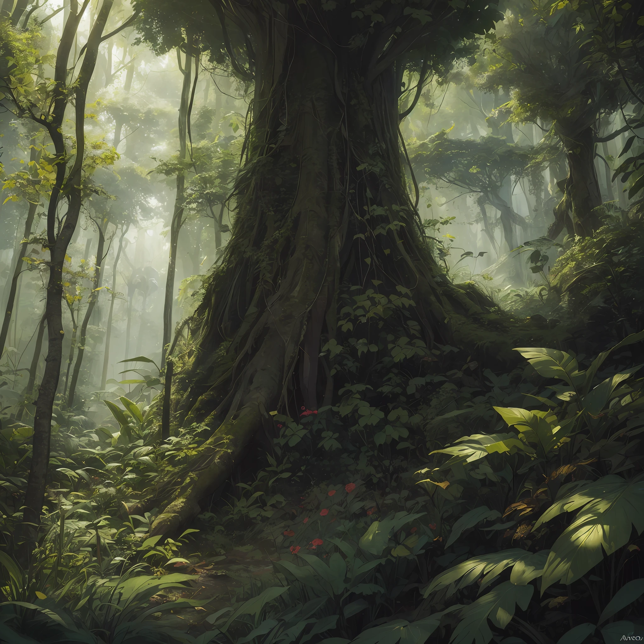 A detailed and intricate digital illustration of a dense jungle full of exotic flora and fauna, with sunlight filtering through the canopy creating a dappled effect. Yoshitaka Amano and Hayao Miyazaki's style, masterpieces, proportions, details, art station trends, beautiful lighting, realistic, intricate, award winning, 4k, highest quality award winning, 4K digital painting in the style of Yoshitaka Amano. A detailed and intricate depiction of the zombie apocalypse, masterfully capturing the chaos and drama of the scene. Beautiful lighting and cinematic composition make this piece a true masterpiece, trending on artstation