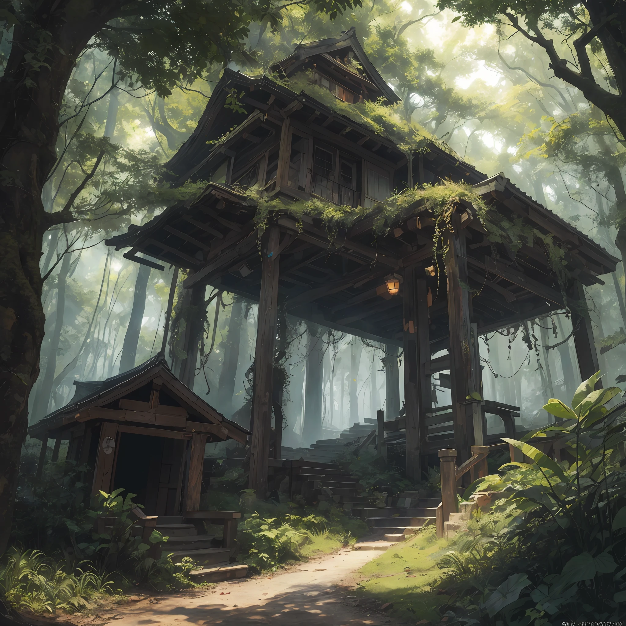 A detailed and intricate digital illustration of a dense jungle full of exotic flora and fauna, with sunlight filtering through the canopy creating a dappled effect. Yoshitaka Amano and Hayao Miyazaki's style, masterpieces, proportions, details, art station trends, beautiful lighting, realistic, intricate, award winning, 4k, highest quality award winning, 4K digital painting in the style of Yoshitaka Amano. A detailed and intricate depiction of the zombie apocalypse, masterfully capturing the chaos and drama of the scene. Beautiful lighting and cinematic composition make this piece a true masterpiece, trending on artstation