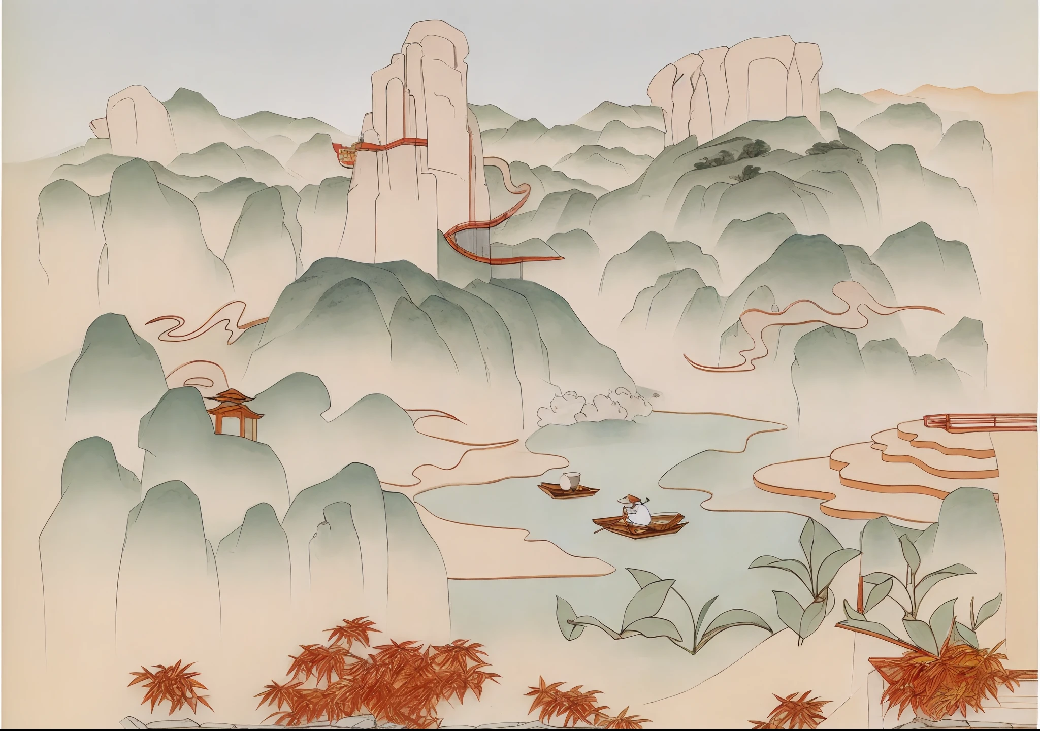 a drawing of a mountain with a house and a bird in it, 2d game lineart behance hd, 2d game lineart behance hd, coloring book page, clean lineart, colouring - in sheet, Chinese landscape, stylized linework, bold lineart, Coloring book outline, lineart behance hd, arte de fundo, clean coloring book page,baiyun,mountain ranges,rios,Teapot teacup,teals,bamboo raft,Ancient Chinese architecture