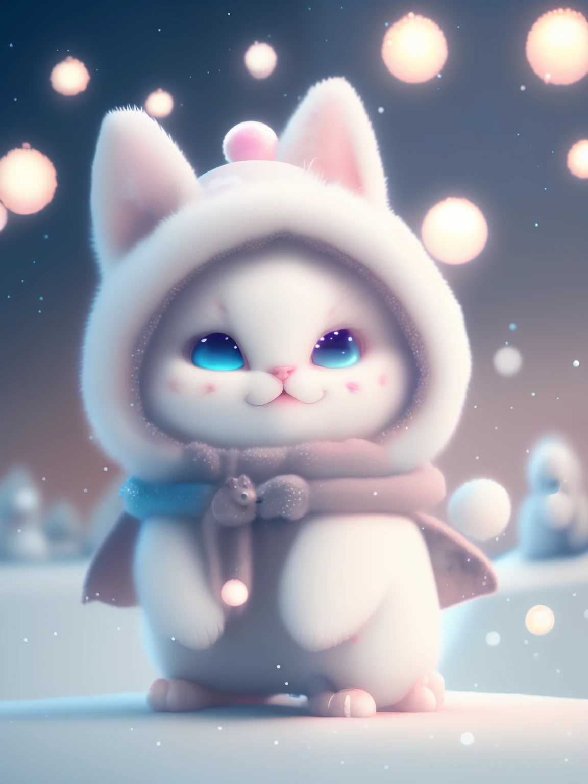 a cute little cat+Snow-white furry，Big bright eyes，A sweet smile，A sweet smile，Open-mouthed！！！，Dress up as a fashion model，Wearing a stylish suit with pink crystal texture，Hats and handbags，Snow white fluffy，Big bright eyes，Big bright eyes，standingn，Fluffy tail，Winter rises，The snow flutters gently，Extremely detailed 3D animation renders symmetrical center position， Super realistic， super detailing， posh， 3， 电影灯光， ultra clear details， Ultra-transparent material， Close-up of， complex texture， rendering by octane， zbrush， 8K， Ultra-realistic UREAL，Open-mouthed！！！，rightward！！！