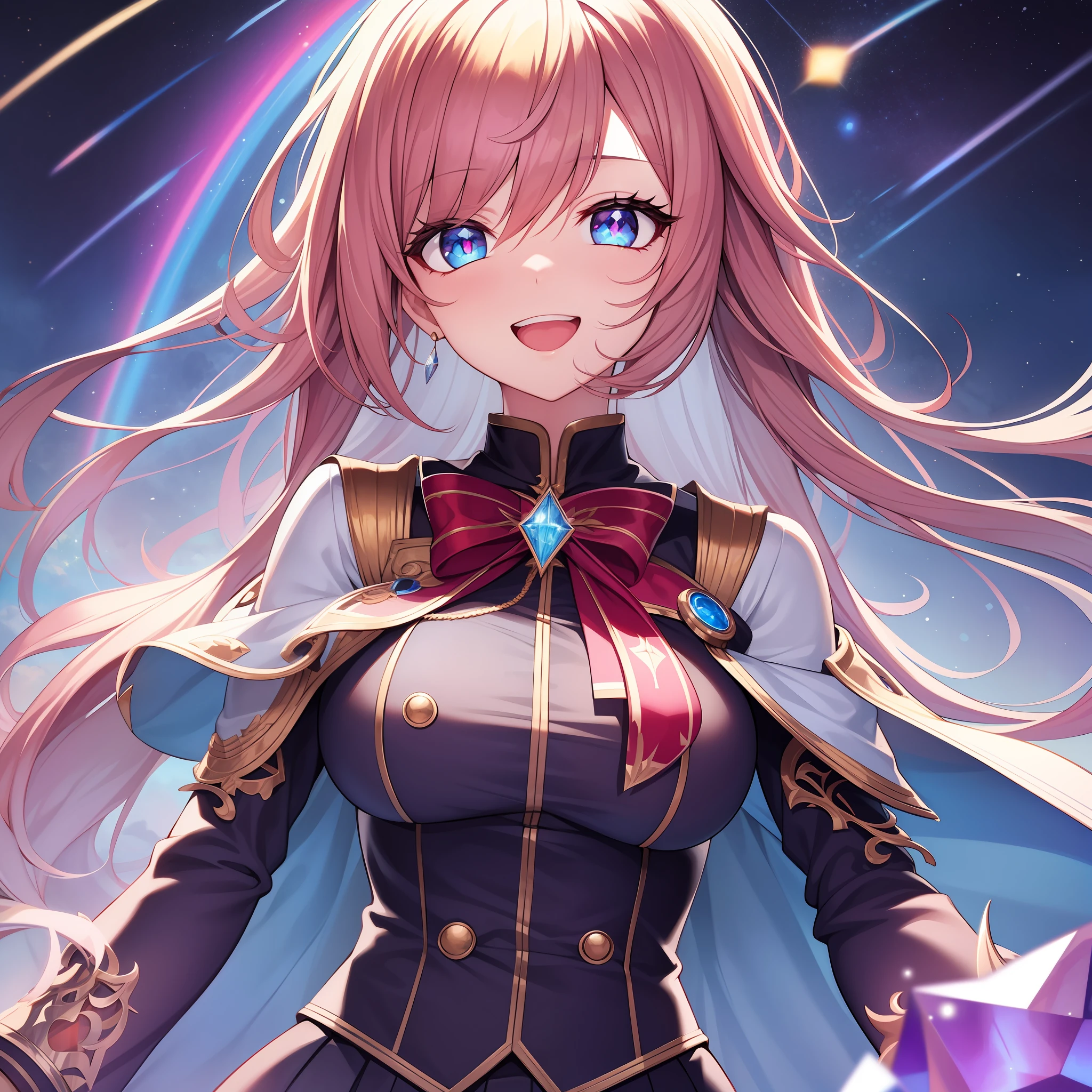 chest out, absurdres, superfine illustration,rainboweffect, highres, ultra detailed,light diffusion,highly detailed light reflection, kaleidoscope, harmonious, best shadow, highly detailed very beautiful big smile face, ;D, beautiful growing crystal diamond star pupil,look at viewer, beautiful detailed hair, solo, dynamic pose, beautiful detailed pink and black ribon, beautiful detailed High school uniform, Fantastic and the whole shines and shooting star and the wind is strong in detail background
