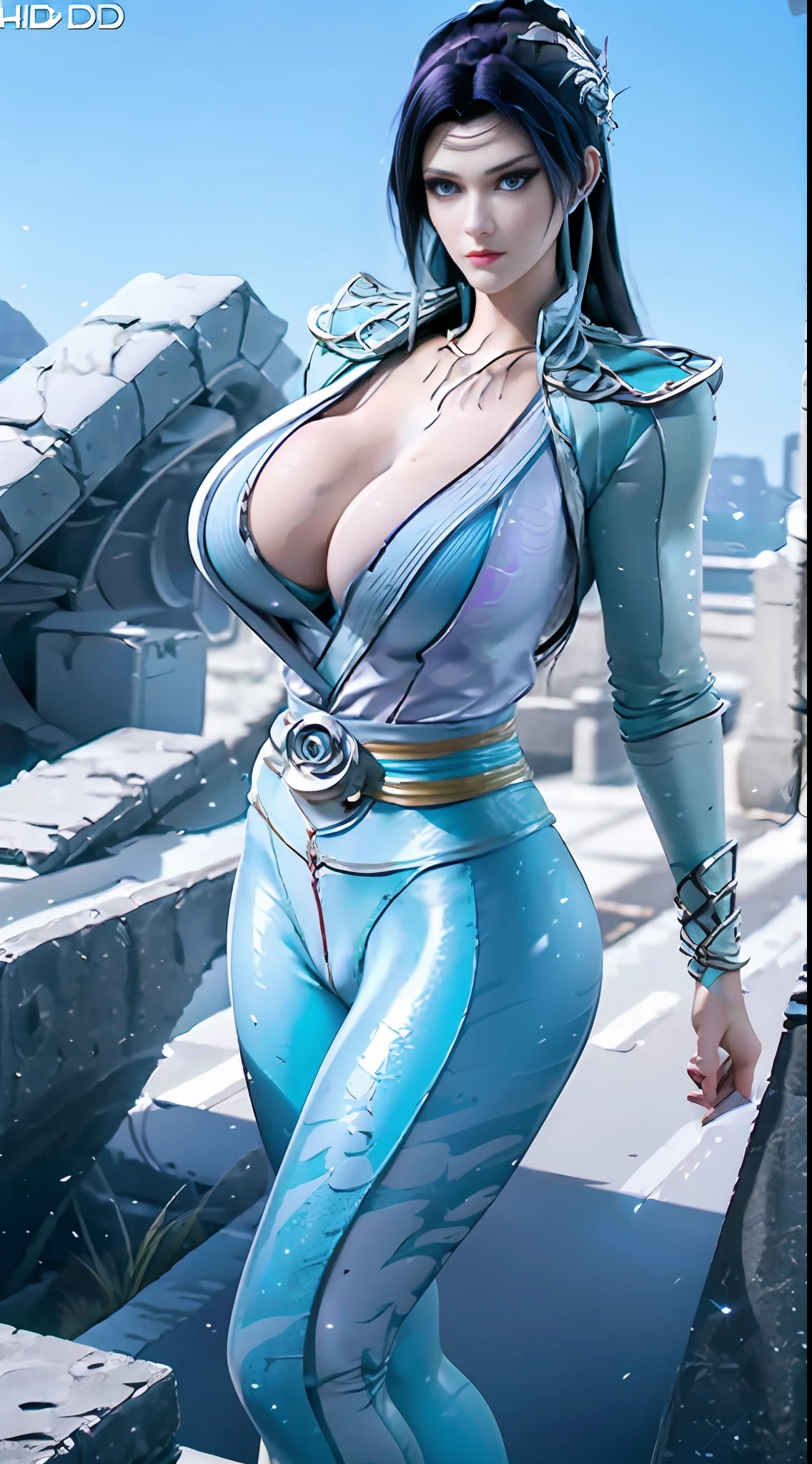 Unreal Engine 5, Realistic Rendering, Excellent, blue jacket, tank top, yoga pants, tight, milf, looking on viewer, 3dcg, cgi, 1girl standing on castle, beautiful face, makeup, (photorealism:1.2), photorealistic, ultrarealistic uhd face, (huge fake breasts:1.4), (gigantic breasts:1.1), (muscle abs), (wide hips), (thick thighs), slim waist, full figure, (big buttock), shiny skin, bokeh, masterpiece, highres, 1080P, UHD, (ahegao), ((she is perfect body)),