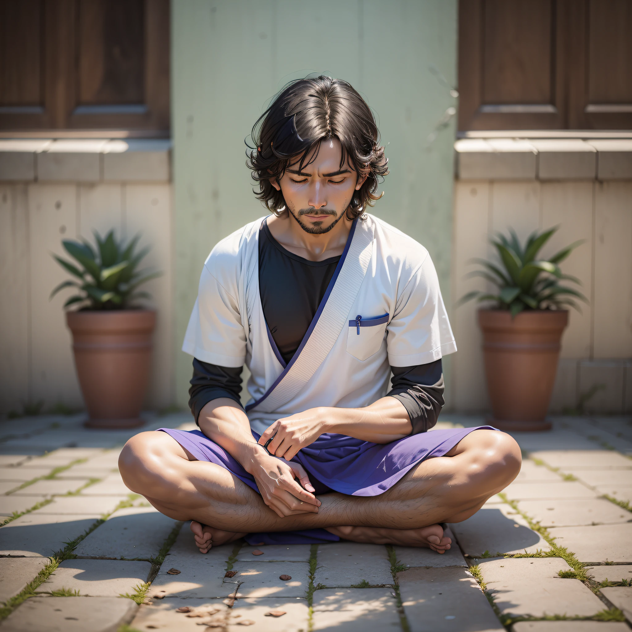 arafed man sitting in a meditation position with his hands crossed, an album cover inspired by Weiwei, Unsplash, Sub Arte, holy man looking down at the ground, Meditando, meditation, sentado, Meditativo, meditation pose, meditating pose, um ciborgue meditando, orar meditando, monge meditar, flutuando em um poderoso estado zen
