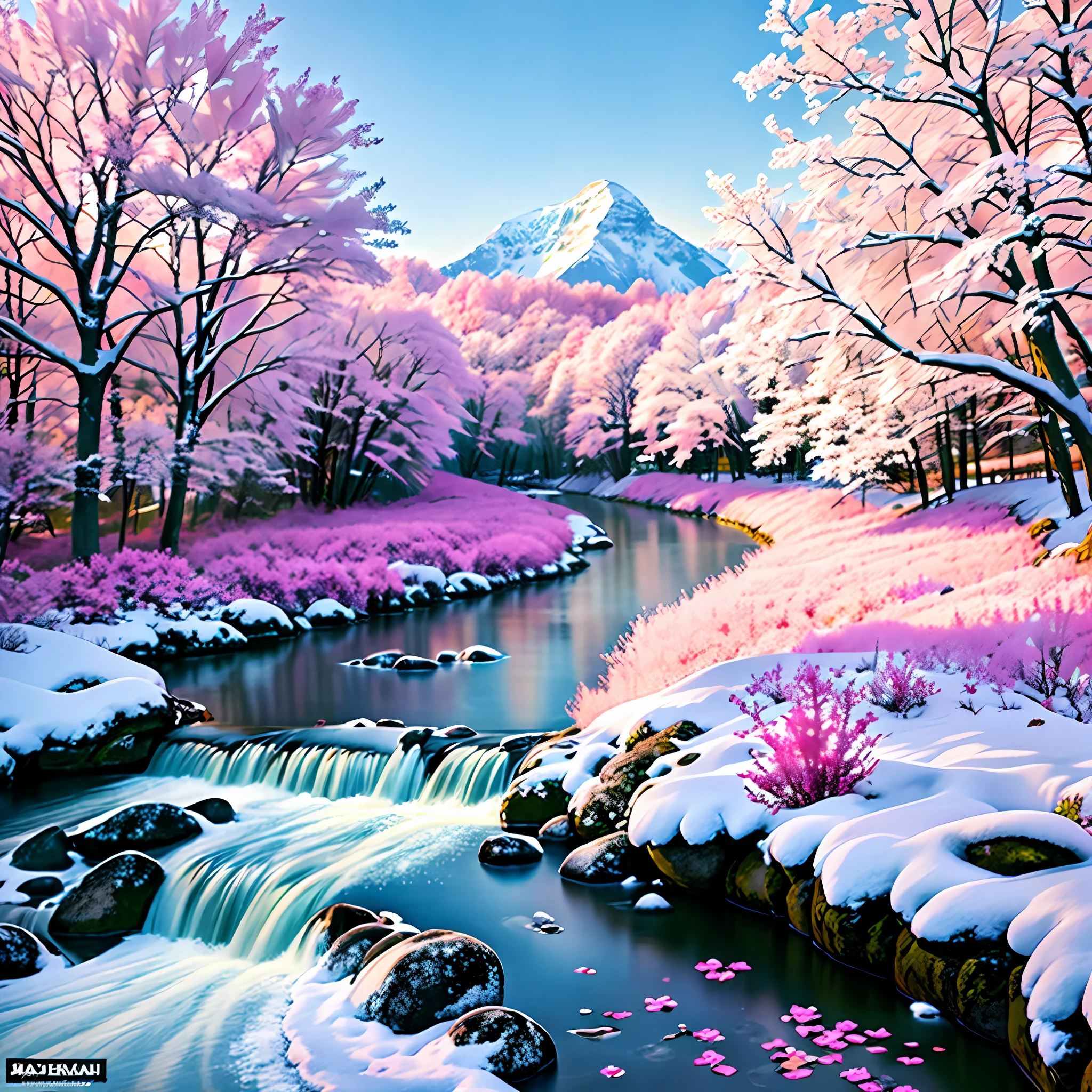 snowy river with pink trees and pink flowers in the foreground, pink landscape, beautiful snowy landscape, pink waterfalls, really beautiful nature, warm beautiful scene, pink forest, beautiful winter area, very beautiful scenery, anime beautiful peace scene, very beautiful photo, beautiful nature, very very beautiful scenery, beautiful flowing feeling, winter setting, anime nature, very very very beautiful scenery