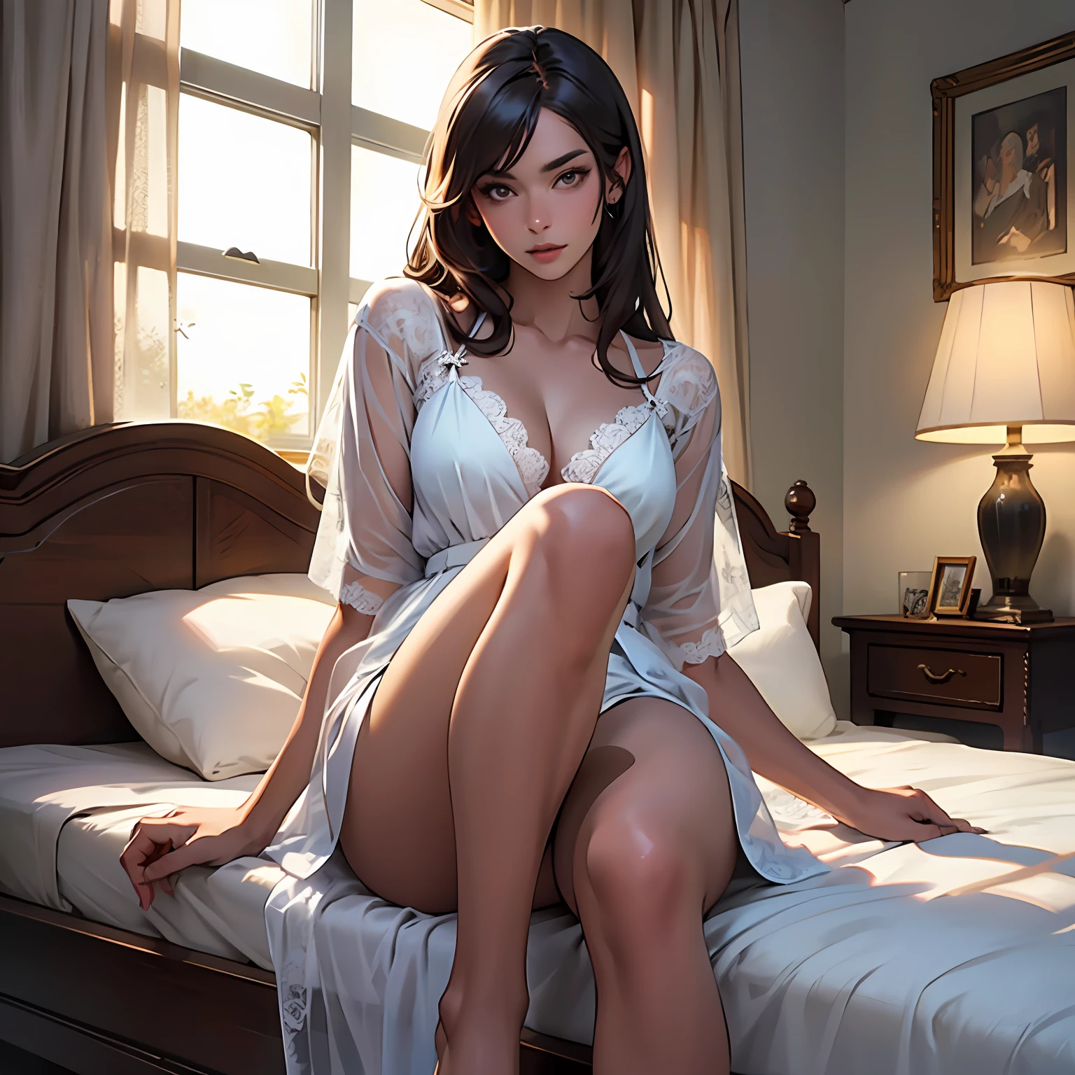 ​masterpiece、Top image quality、1人の女性、Beautiful woman sitting on bed、Lace Nightgown、Detailed eyebrows、Detailed eye、Detailed nose、Detailed lips、legs slightly open、hugetits、Female proportions considered everywhere、Overwhelming proportions、seducting