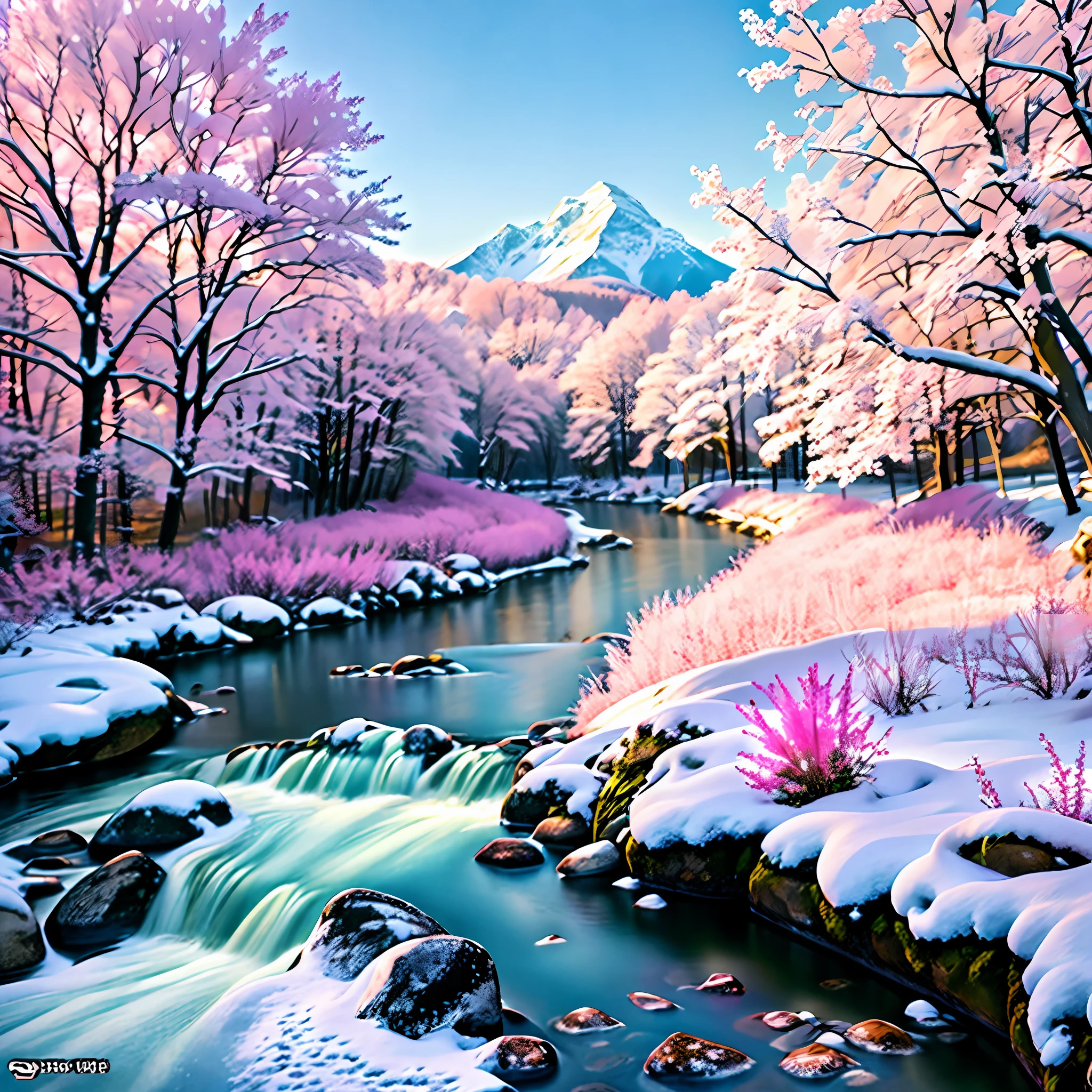 snowy river with pink trees and pink flowers in the foreground, pink landscape, beautiful snowy landscape, pink waterfalls, really beautiful nature, warm beautiful scene, pink forest, beautiful winter area, very beautiful scenery, anime beautiful peace scene, very beautiful photo, beautiful nature, very very beautiful scenery, beautiful flowing feeling, winter setting, anime nature, very very very beautiful scenery