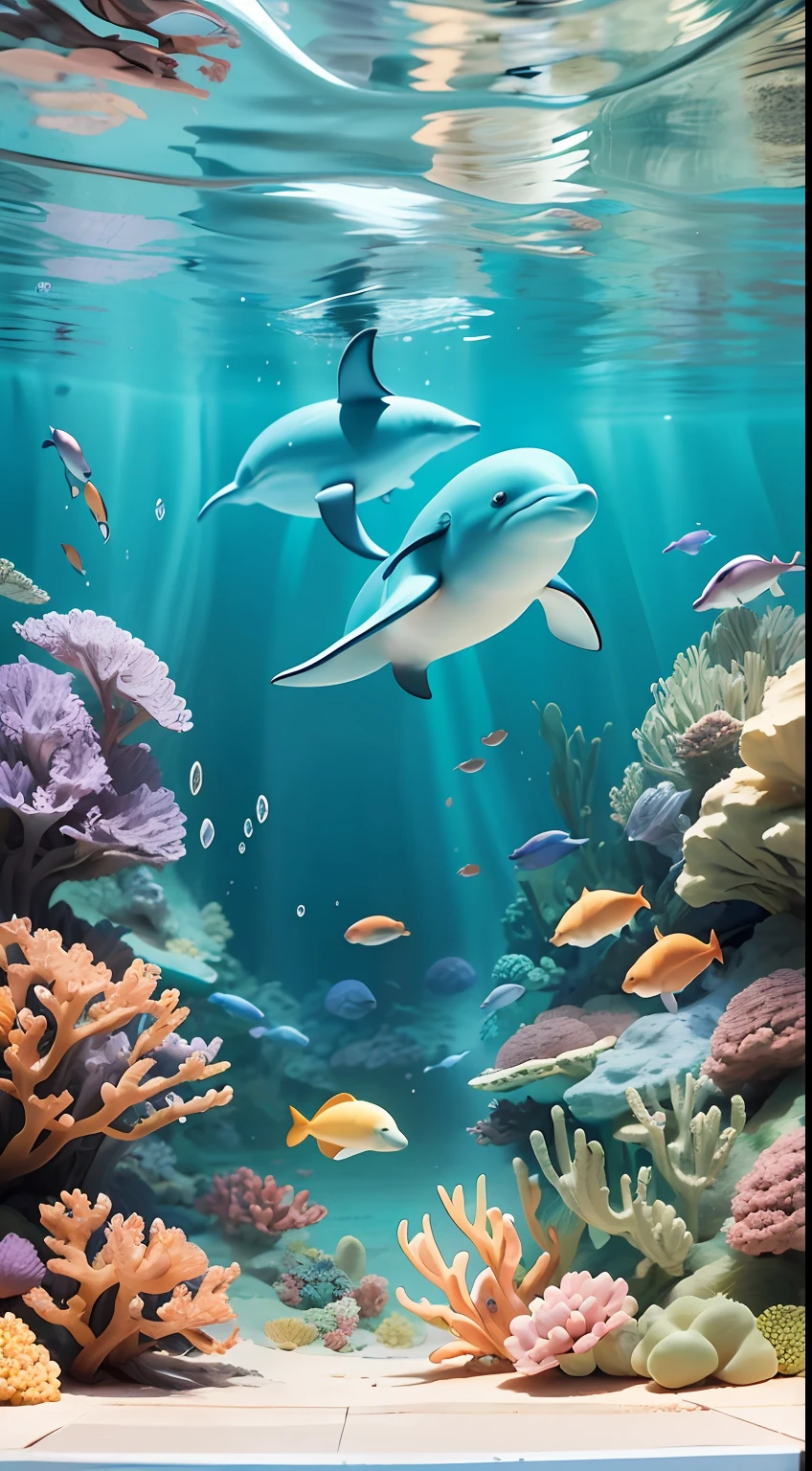 Imagine a cartoon-style underwater scene,A playful family of dolphins swim among colorful corals. The wide-angle perspective captures this joyful marine moment. Ultra Realistic Detail. Artist: Alessandra Sanguinetti --ar 1:1 --style expressive --s 400 --niji 5
