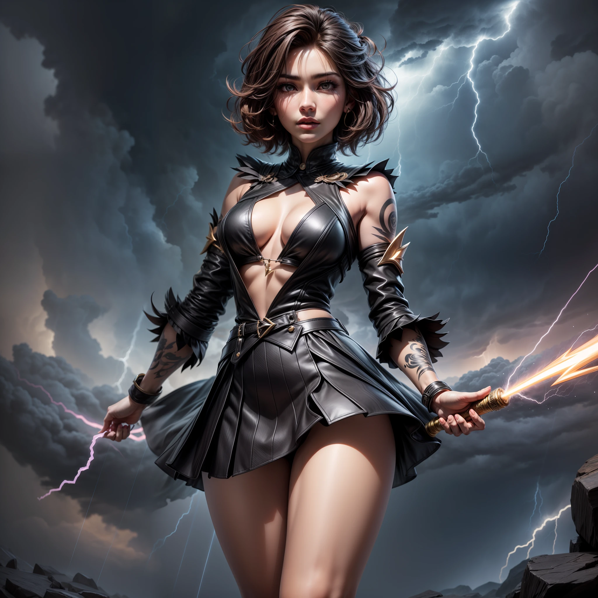 À la Fed image of a woman in a black skirt and black shirt, brown short hair, pointed ears, a splash of lightning behind her, she is lightning, lightning fantasy magic, goddess of lightning in Japan, goddess of lightning, lightning, realistic lightning, lightning effect, lighting and thunder, Maya Ali as a lightning sorceress, rain and lightning, detailed lighting and thunder, full body, long legs, tattoo on the legs, black shoes.