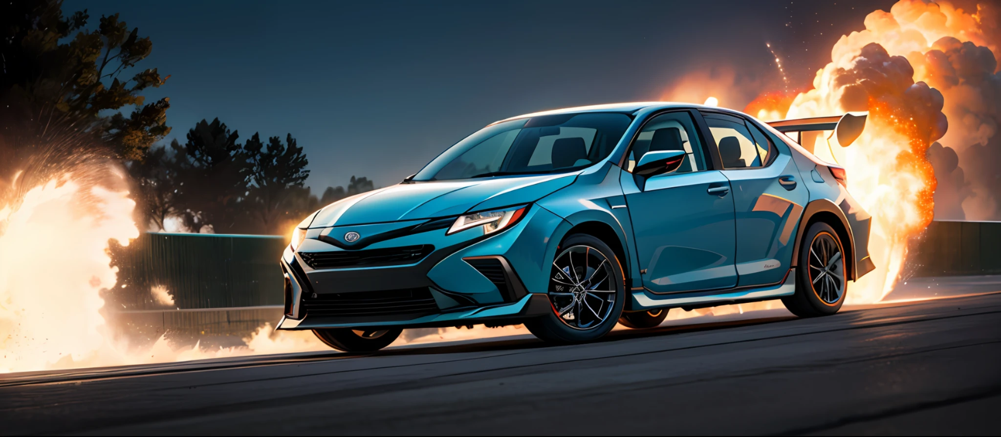 "(Corolla sedan 2022:1.3) Racing at high speed with an amazing blue glow effect that lights up the track, surrounded by an explosion of intense and vibrant colors."