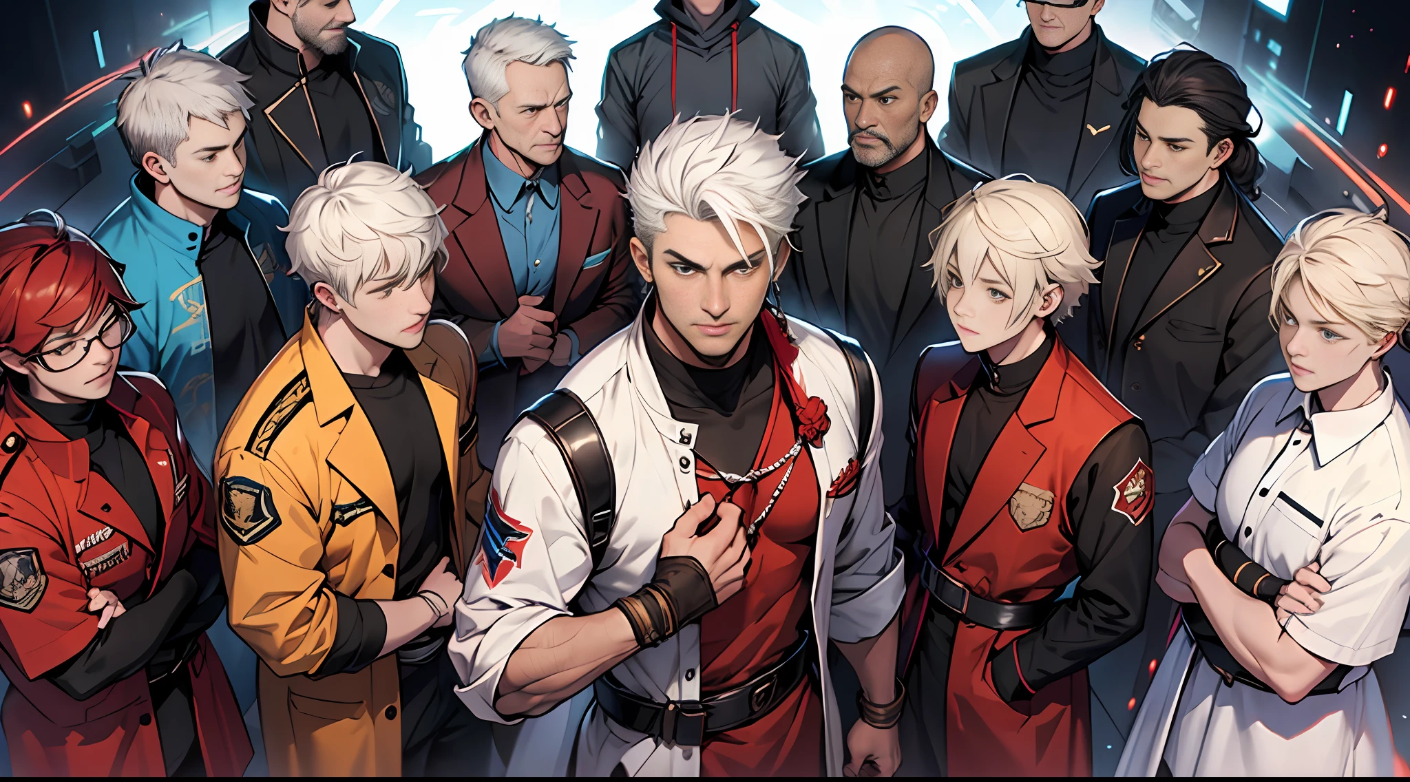 Best quality, 巨作, Super detail, A tall man with short white hair standing in the center of the Spirit & Goodness team, surrounded by a group of reliant companions, Determined gaze,There was an expression of hope and anticipation on his face.