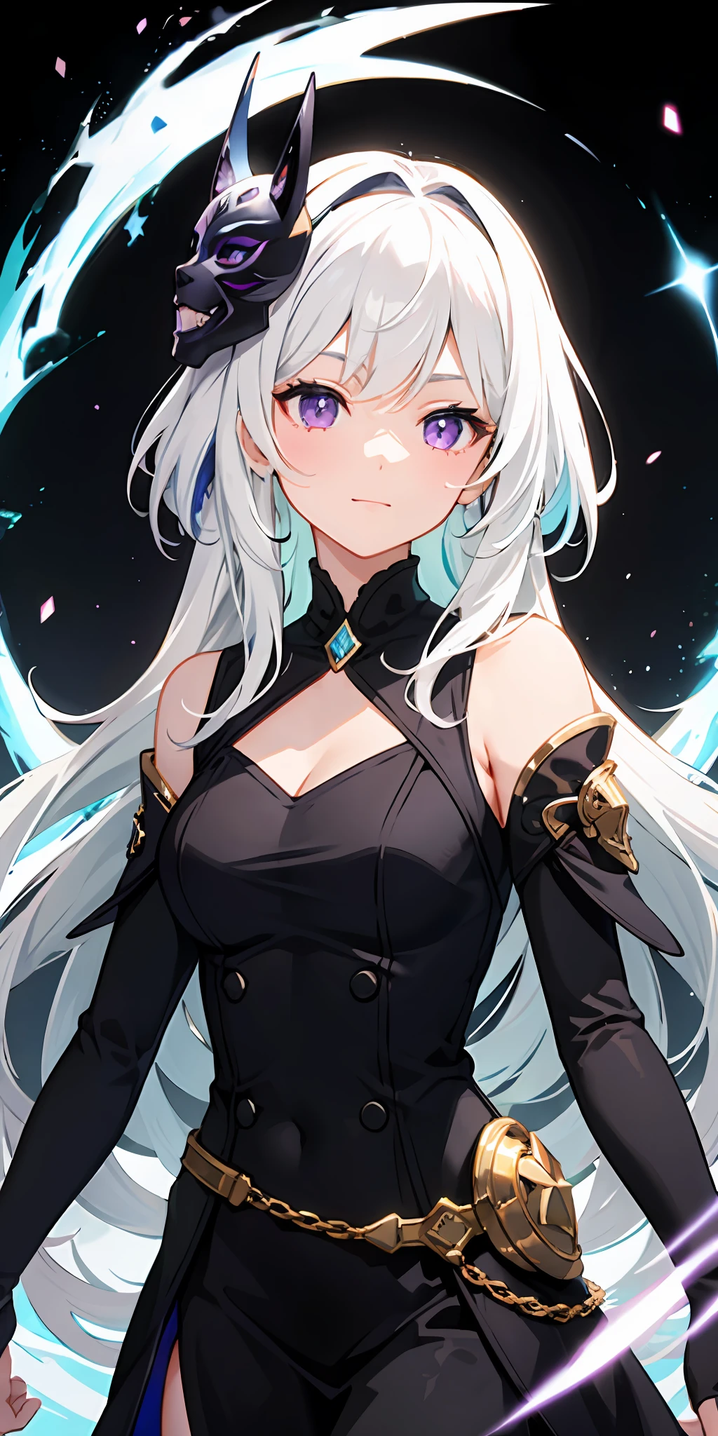 1girl, white hair, multicolored hair, purple eyes, mask on head, sidelighting, light particles, wallpaper,