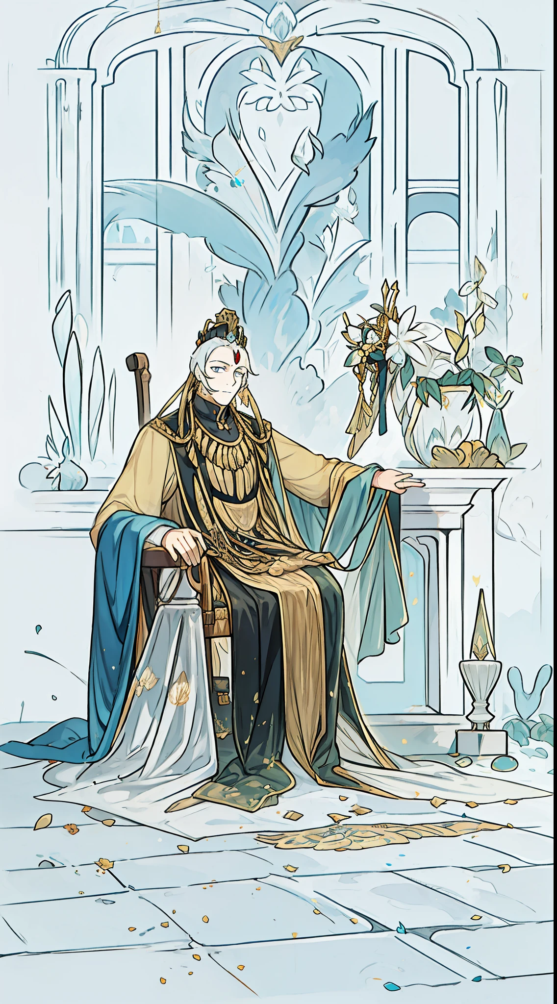 A man wears a seat in a vast palace and holds a chair with an emperor in a dark costume