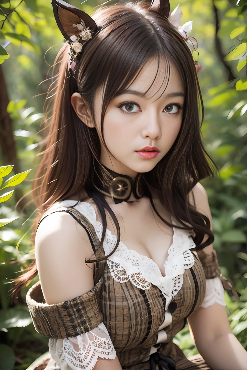 Sitting cutely in the forest with sunlight through the trees、Beautiful Japan idol girl、Featuring intricate lace details and vibrant colors、It is a vivid cosplay costume of a mythical creature, Cute round face,Brown and burgundy two-tone hair、Extreme close-up face、masterpiece,8th class,beautifull hands,Beautiful Finger,Ultra-realistic full-body photos,