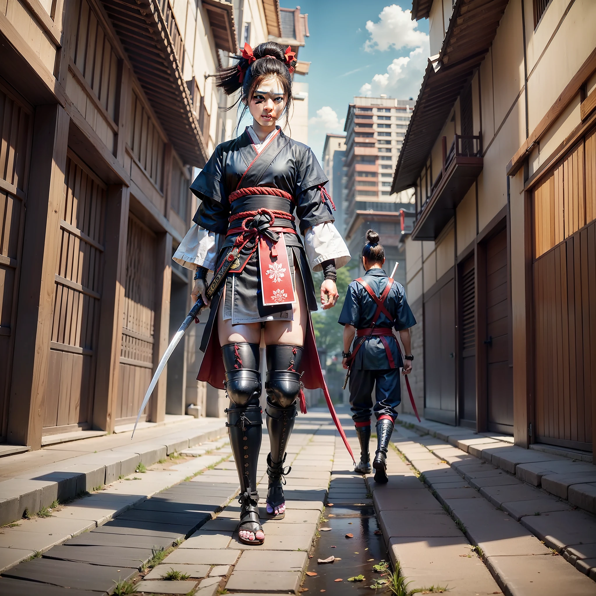 Inspired by the aesthetics of the Ghost of Tsushima video game, aiming to capture the fidelity and realism of the character, taking references from the game’s graphical representations and the artistic work of developers like Jason Connell and Ian Jun Wei Chiew. The lighting is meticulously adjusted to highlight the details of Jin Sakai’s body and armor. Soft lights and subtle shadows are used to create an immersive and realistic atmosphere. The colors remain faithful to the original character design in the game. Warm and earthy tones are used to reflect the historical setting and convey the strength and valor of the samurai. (Composition) The image is presented in a 4K resolution with a 16:9 aspect ratio, allowing for an immersive and detailed viewing of Jin Sakai’s full body. The composition highlights the samurai’s posture and facial expression, emphasizing his presence and determination in battle. The background may depict a game environment, such as a stunning landscape or a battlefield, to contextualize the character and add depth to the scene