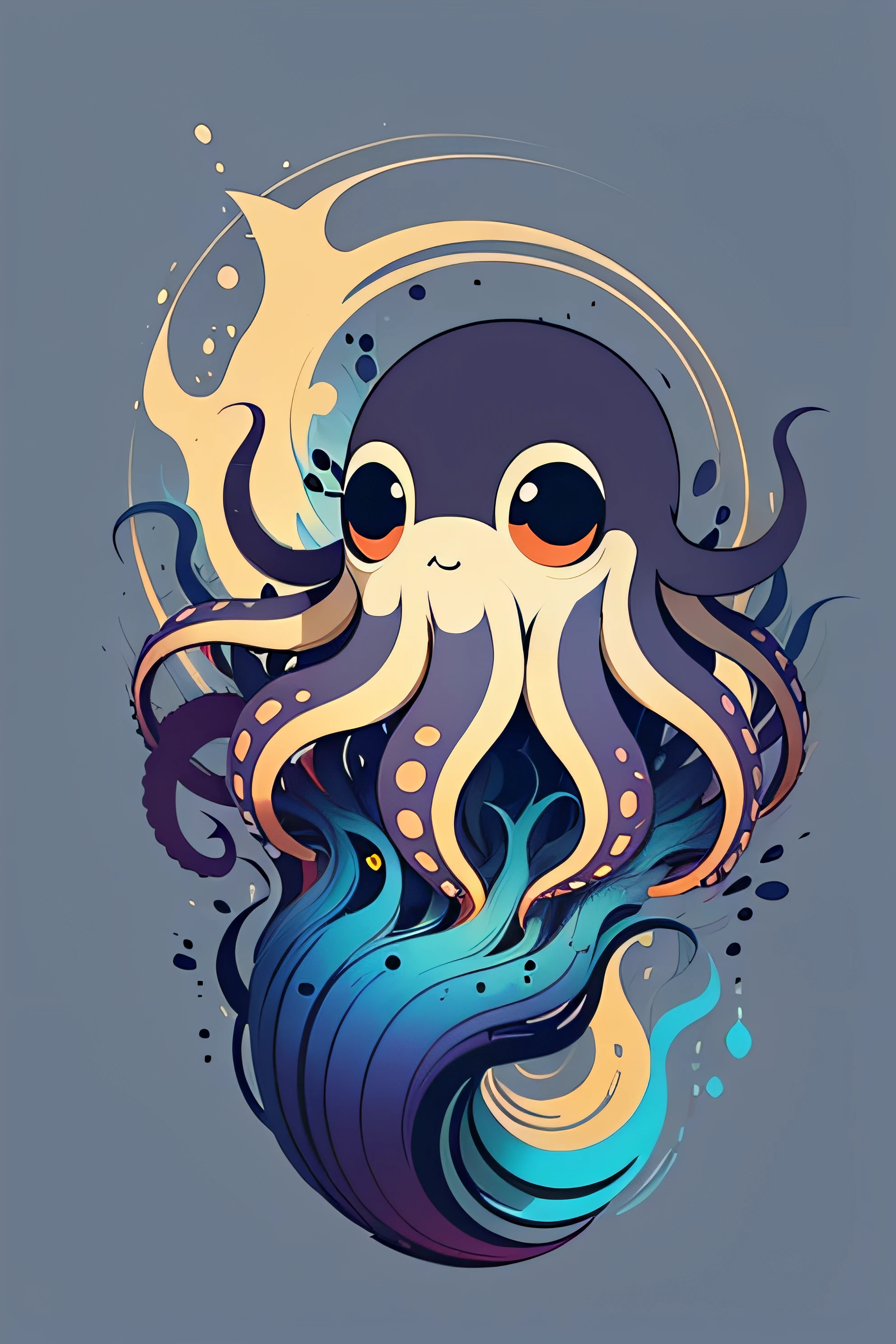 An emblematic logo of an octopus of vibrant colors, water elements, simple design, vector art, minimal