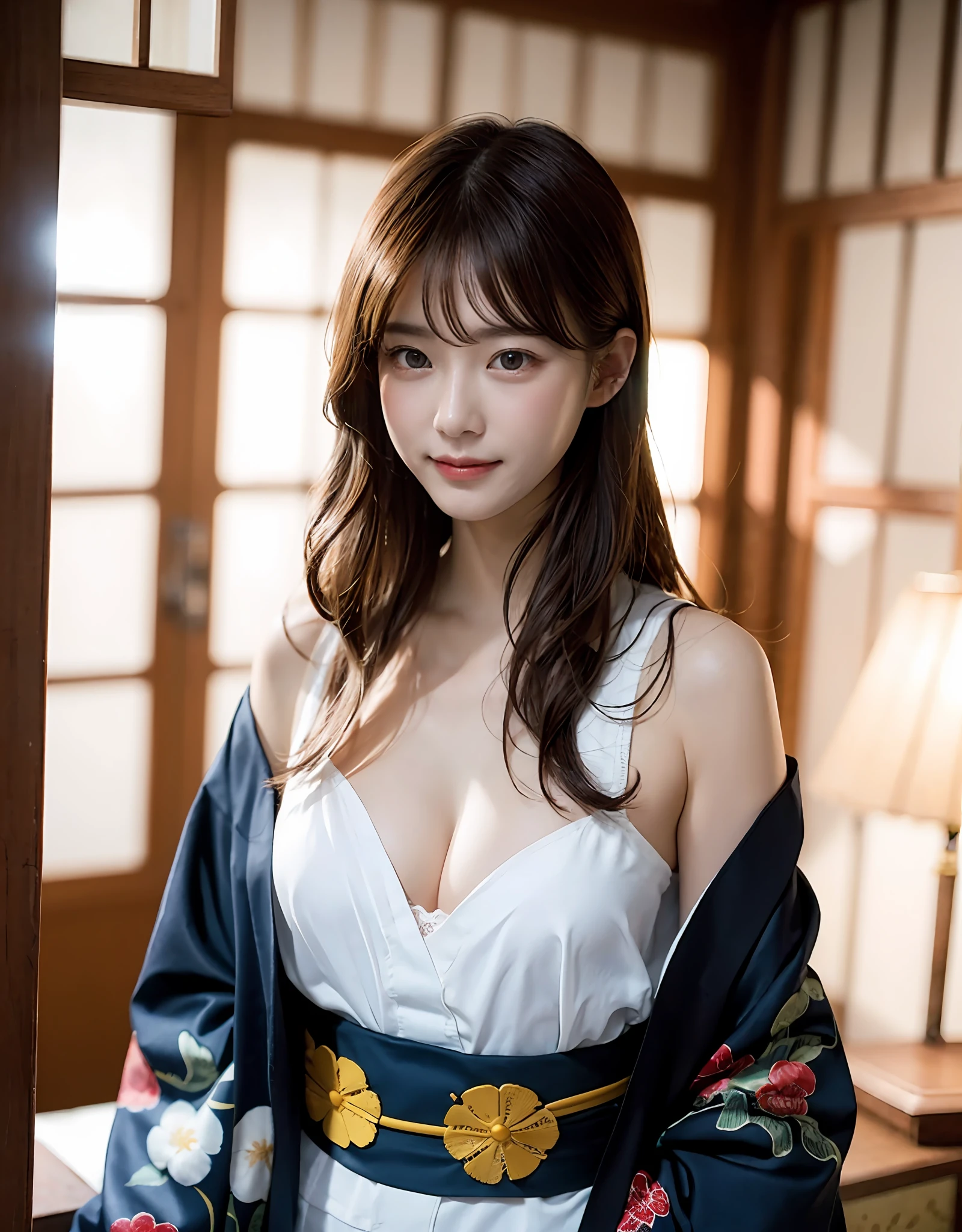 eighteen years old、(wearing kimonos:1.3)、((Short underwear))、Super disheveled、Mouth open,high angle shot、 beste-Quality、ultra-high-resolution、16K、A masterpice、foco nítido、Clear line of sight、(1girl in:1.3),独奏,Unity 16k壁紙、The chest is open　The kimono shifts and the shoulders are visible.、The chest is bigger、Ultra-detailded、Beautifully Aesthetic、comely、A masterpice、beste-Quality、 kimono、Silk robes、Origami spells、elegance、Disturbed、Bust top、The kimono is up to the waist.、Heavily disturbed、The hair is disheveled、oily skin ,There is a futon running over the tatami room.　Hiding the chest with hands、Historic mansion in dimly lit Japan,　With a peony tatoo in the chest、((((((((((You Guo))))))))))、Disturbed and debauchered face、AHE Face、(((long hair hides the chest,)))、((Sad smile)),(((I can see the underwear again.)))