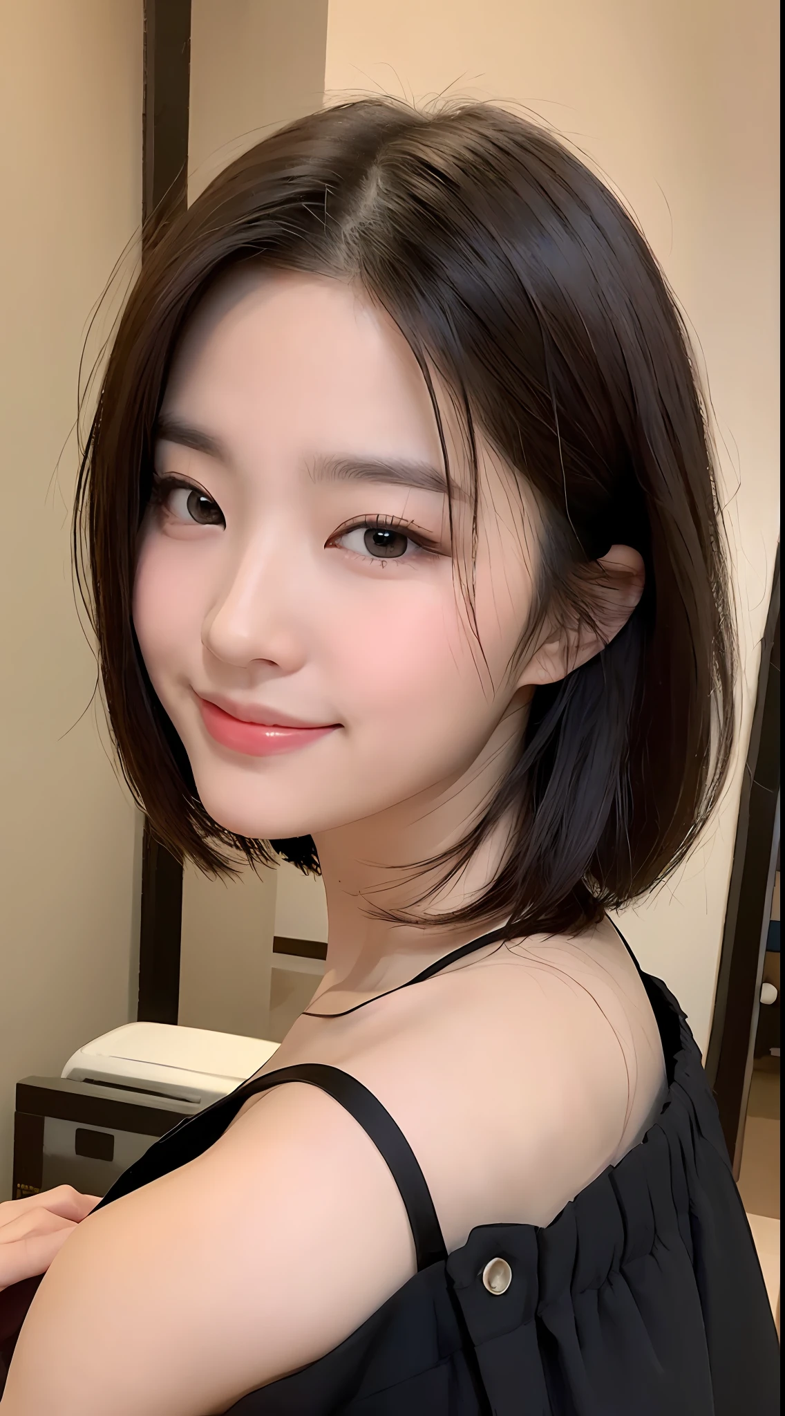 ((品质最佳, 8K, 巨作 :1.3)), Sharp focus :1.2, ((short shoulder length hair:1.2)), (ta costume:1.1 ), (inside room:1.2), Highly detailed facial and skin texture, detailed eye, 双眼皮,Close-up,Seductive expressions,mischievous expression,Eyes are confused,A teasing smile,