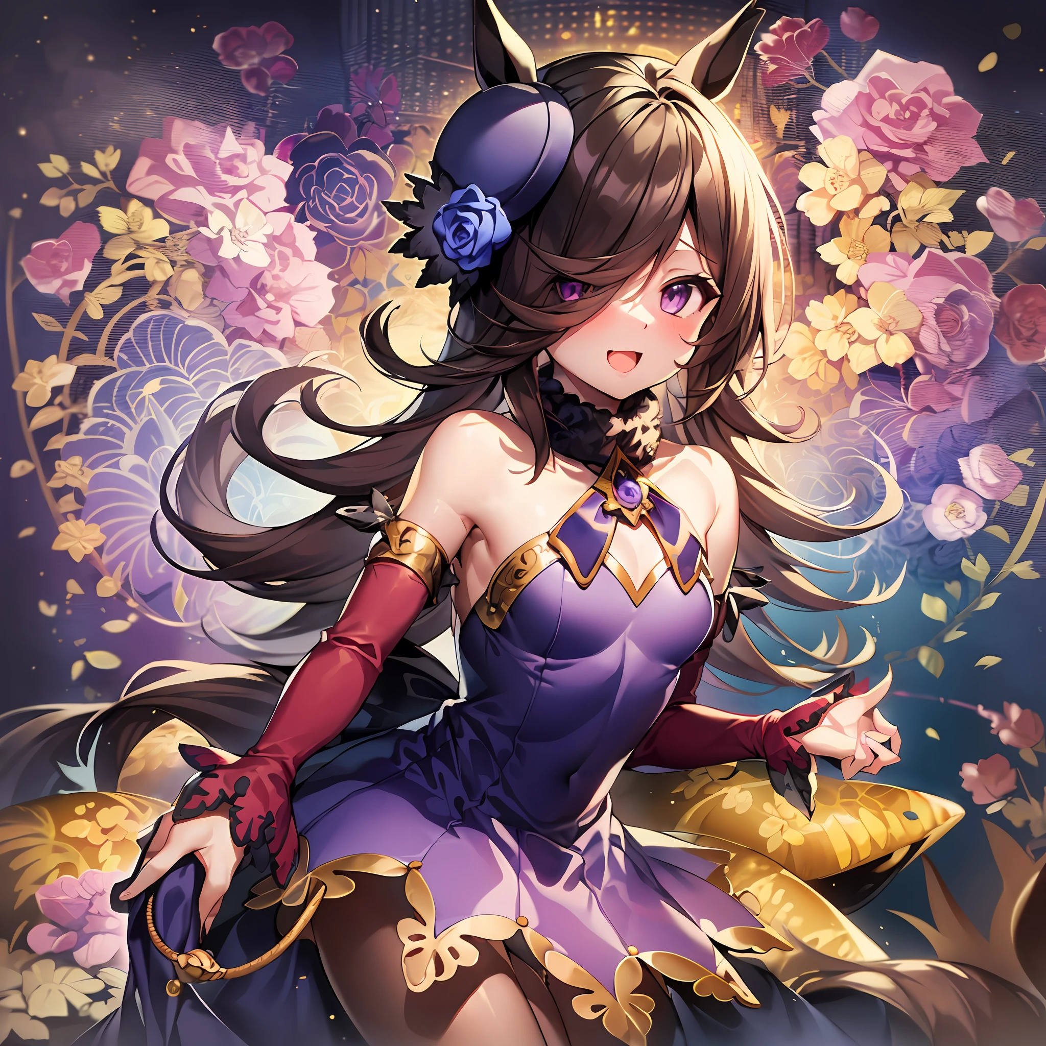 a masterpiece of、beste-Qualit、the perfect body、Cosplay、Young body、Young Face、Very cute and beautiful girl、Beautiful face and eyes、Beautiful hair、beautiful detailed dress with many frills、独奏、1womanl、Full body drawing、Dynamic Angle、Uma Musume's Rice Shower、Big horse ears、Cute horse tail、Purple Dress、Cute purple hat、modest bust、Beautiful small breasts、(tiny chest:1.6)、small tits、A-cup、Slender body、Spiteful smile、Open mouth、red blush、Shy face