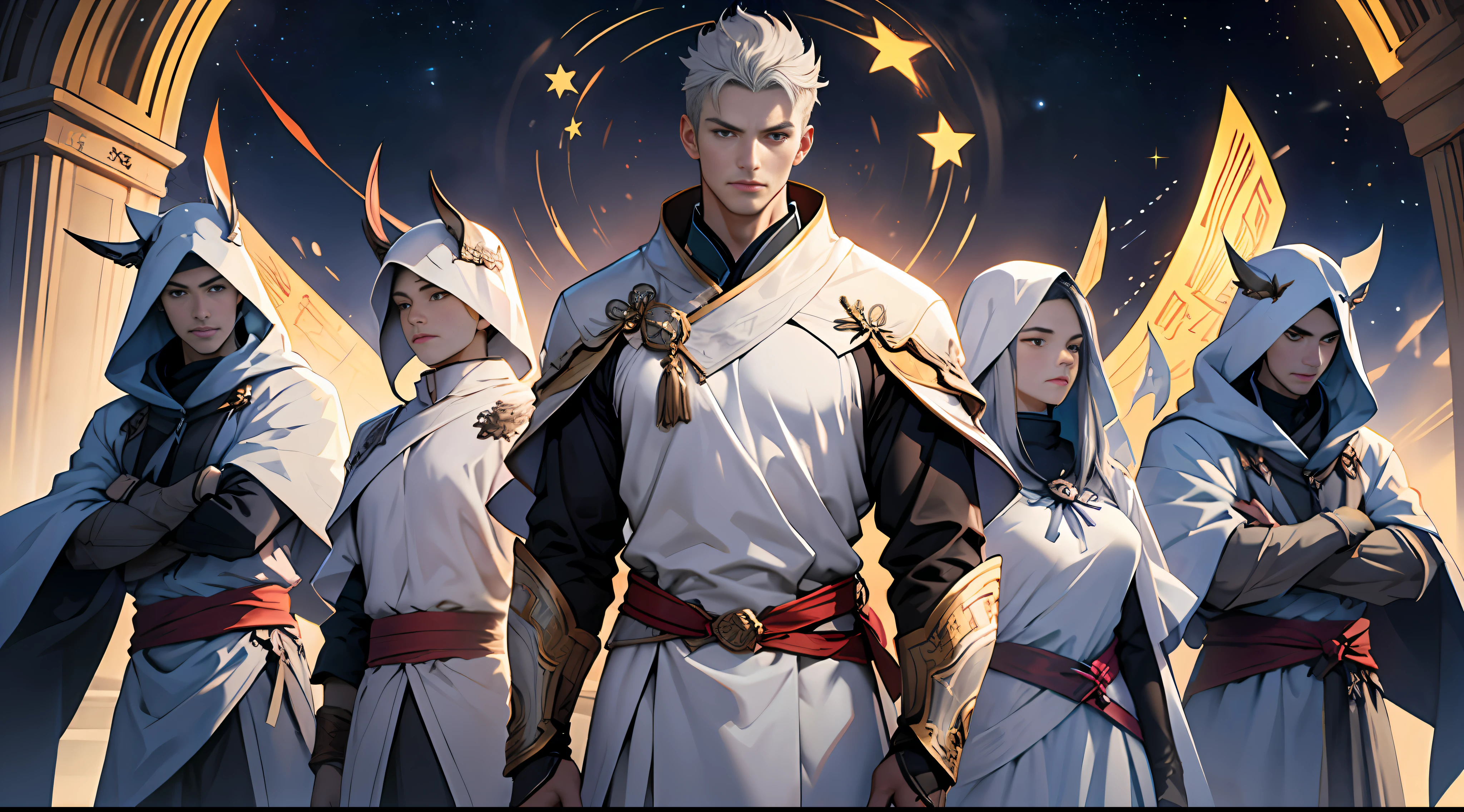 Best quality, 巨作, Super detail, A tall man standing in the center of the Spirit and Goodness team，gray hairs，Wearing white armor, Depended on a group of companions(hemmed:1.2), Determined gaze，There was an expression of hope and anticipation on his face.,in the style of the stars art group xing xing,
