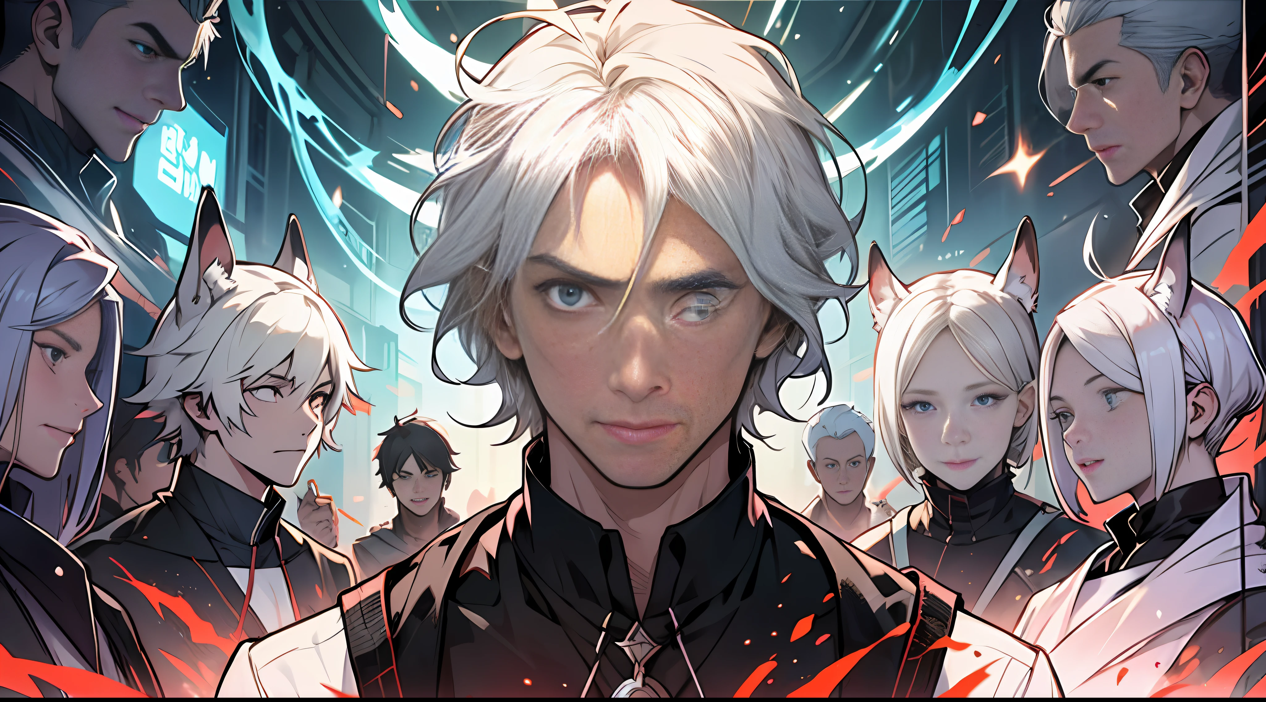 Best quality, 巨作, Super detail, A tall man with short white hair standing in the center of the Spirit & Goodness team, surrounded by a group of reliant companions, Determined gaze,There was an expression of hope and anticipation on his face.