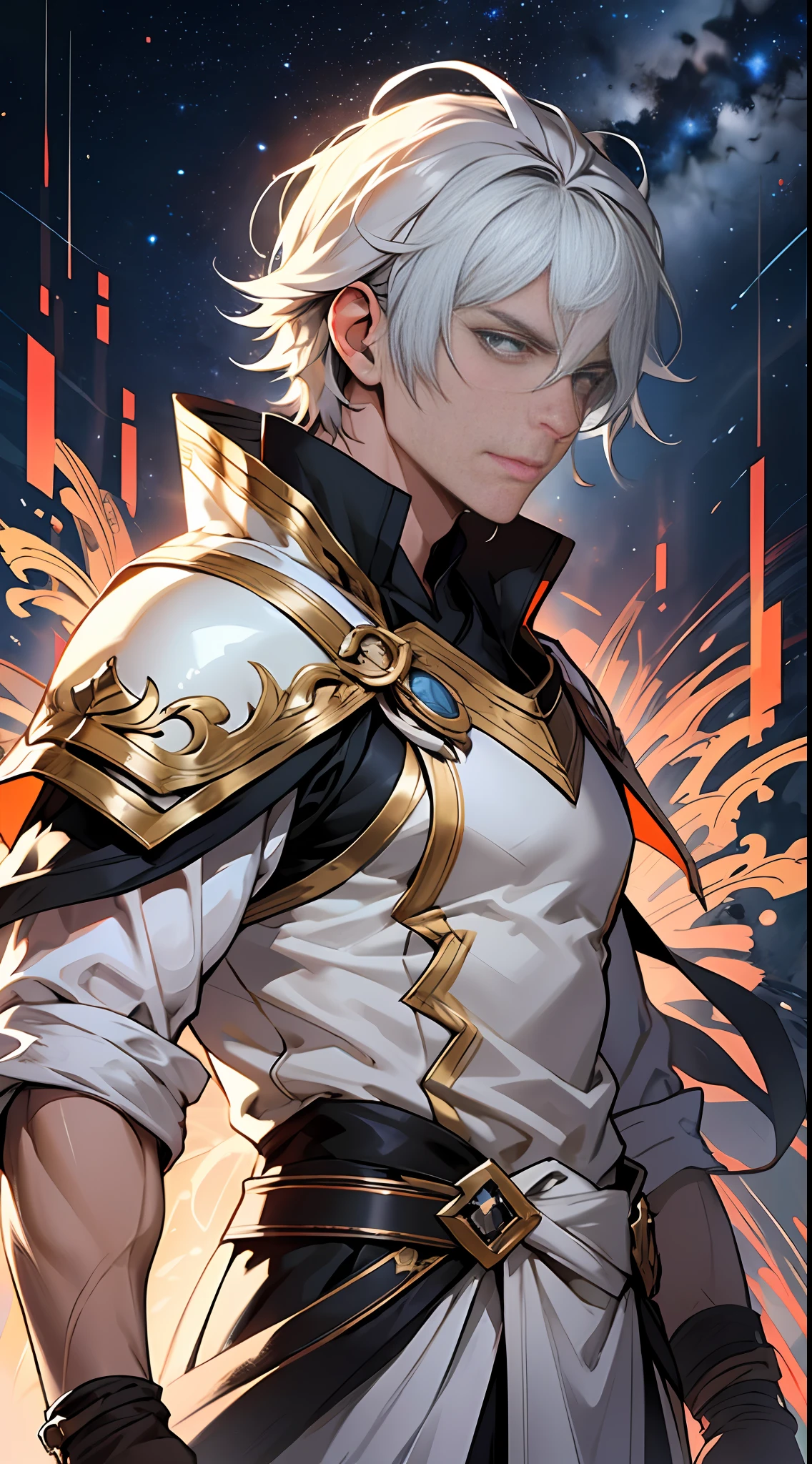 Best quality, 巨作, Super detail, A tall man standing in the center of the Spirit and Goodness team,gray hairs,Wearing white armor, Depended on a group of companions(hemmed:1.2), Determined gaze,There was an expression of hope and anticipation on his face.,in the style of the stars art group xing xing,