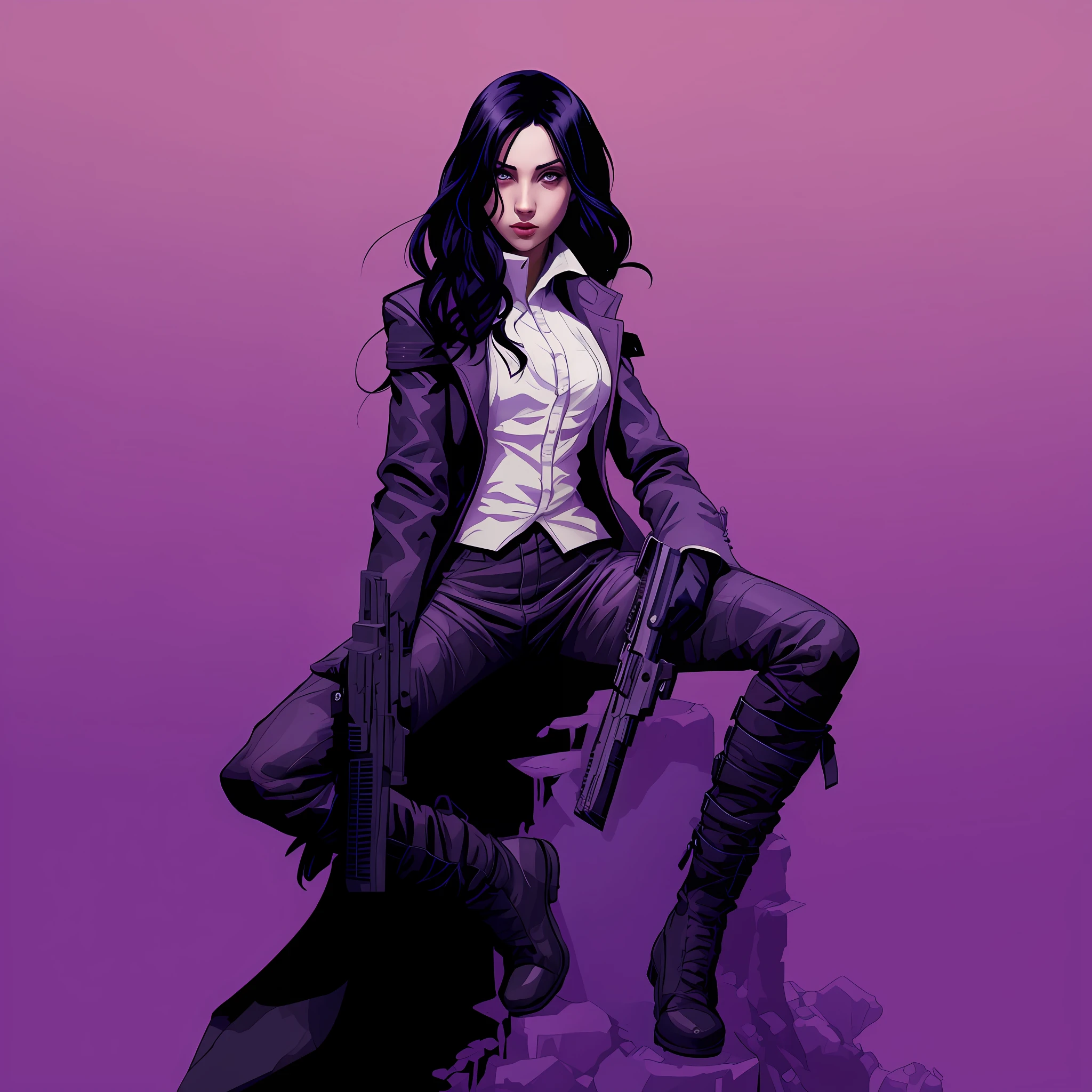 Imagem de uma mulher com uma arma sentada em uma rocha, Kate Bispo, Martin then, Chris Moore. Artgerm, Directed by: Jorge Jacinto, Moebius + Artgerm, adam hughes, Martin Ansin, Retrato da obra, full-colour illustration, Estilo de Charlie Bowater, No estilo de Charlie Bowater, assassina feminina bonita
