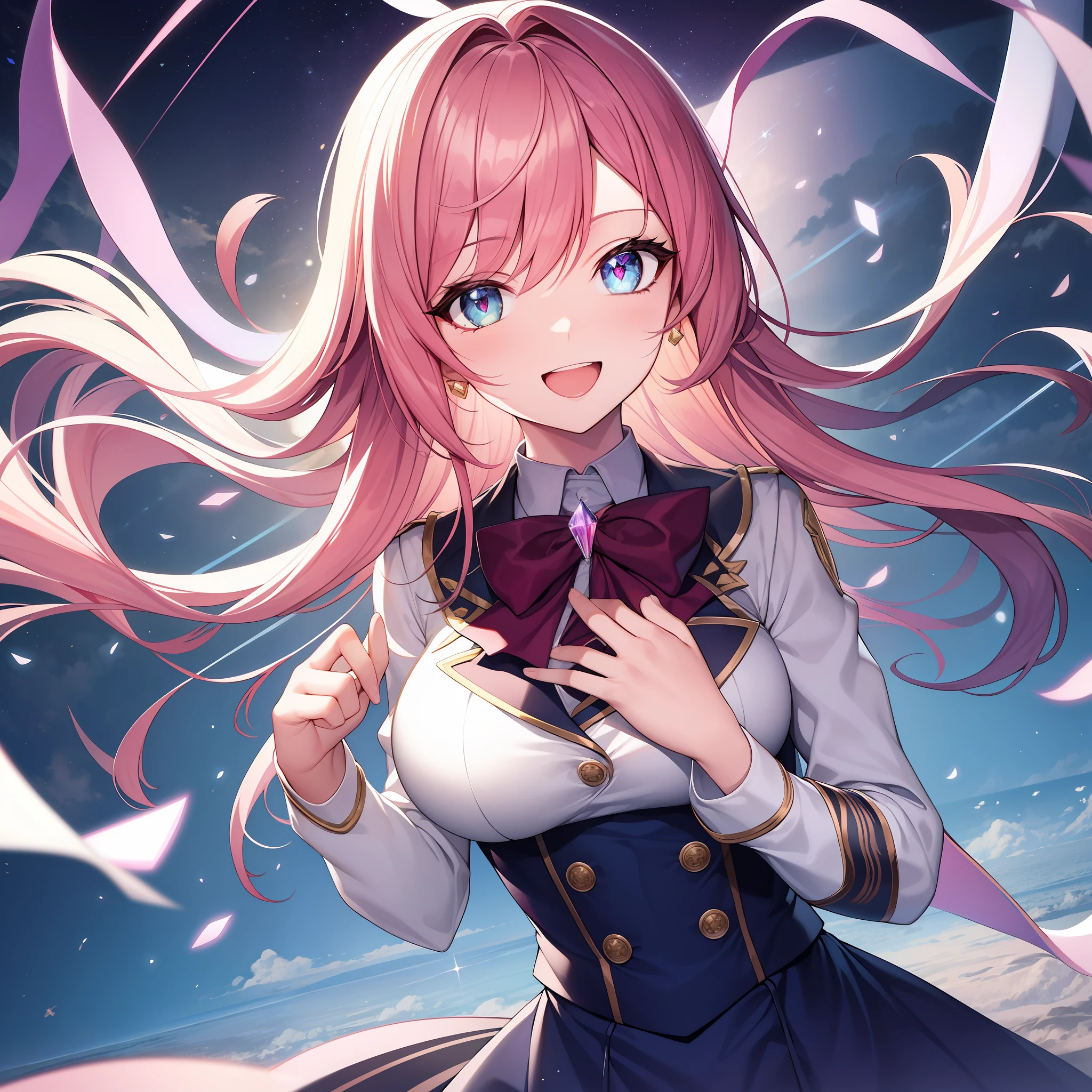 chest out, absurdres, superfine illustration,rainboweffect, highres, ultra detailed,light diffusion,highly detailed light reflection, kaleidoscope, harmonious, best shadow, highly detailed very beautiful big smile face, ;D, beautiful growing crystal diamond star pupil,look at viewer, beautiful detailed hair, solo, dynamic pose, beautiful detailed pink and black ribon, beautiful detailed High school uniform, Fantastic and the whole shines and shooting star and the wind is strong in detail background