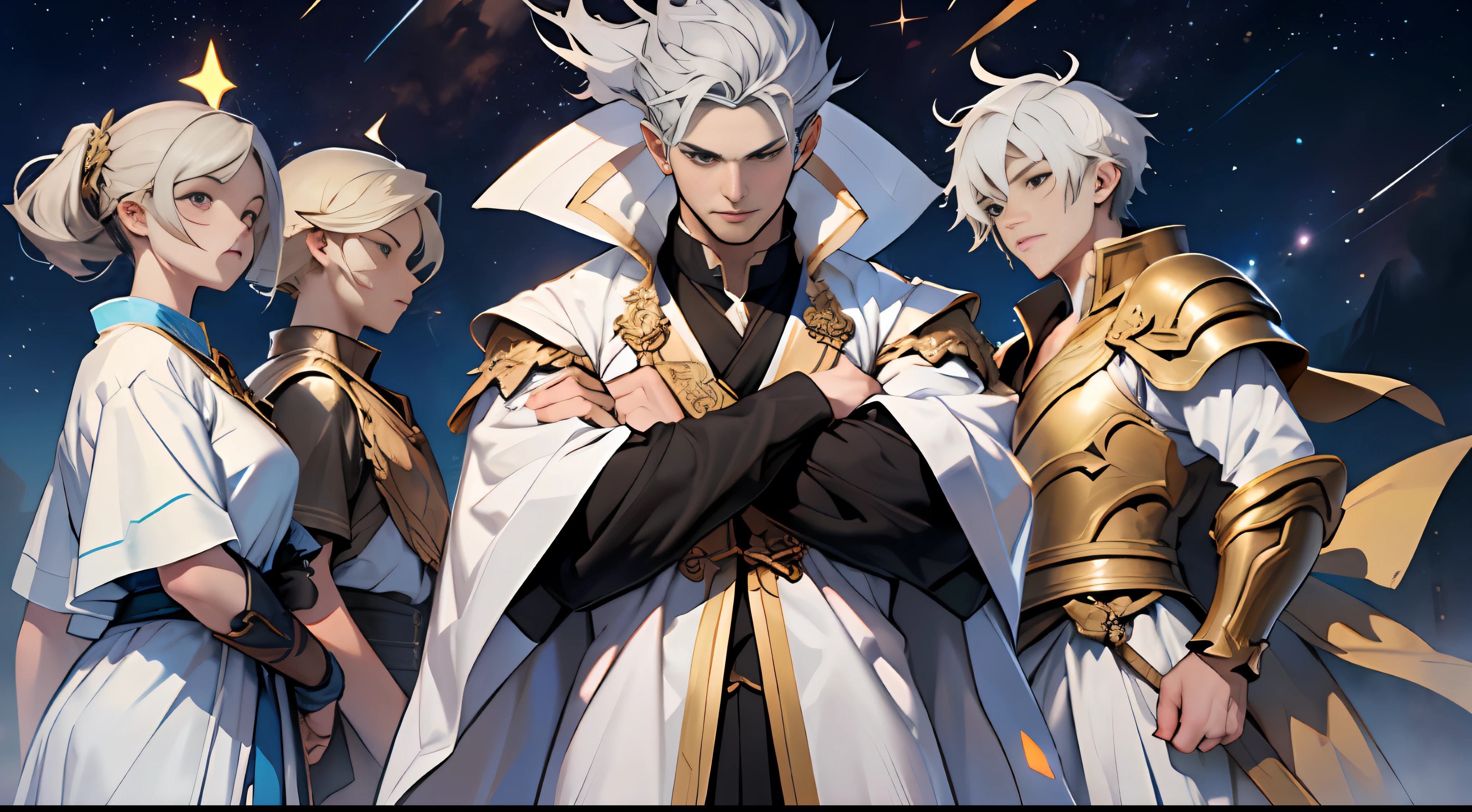 Best quality, 巨作, Super detail, A tall man standing in the center of the Spirit and Goodness team,gray hairs,Wearing white armor, Depended on a group of companions(hemmed:1.2), Determined gaze,There was an expression of hope and anticipation on his face.,in the style of the stars art group xing xing,