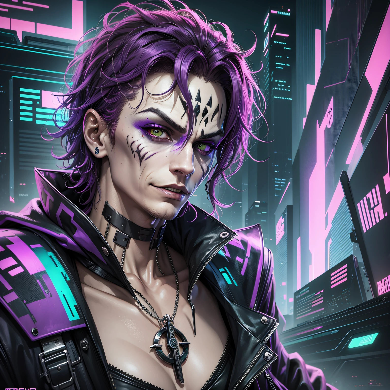 homem punk rock, por do sol, cabelos brancos, neon verde, rosto detalhado, blue skies --auto