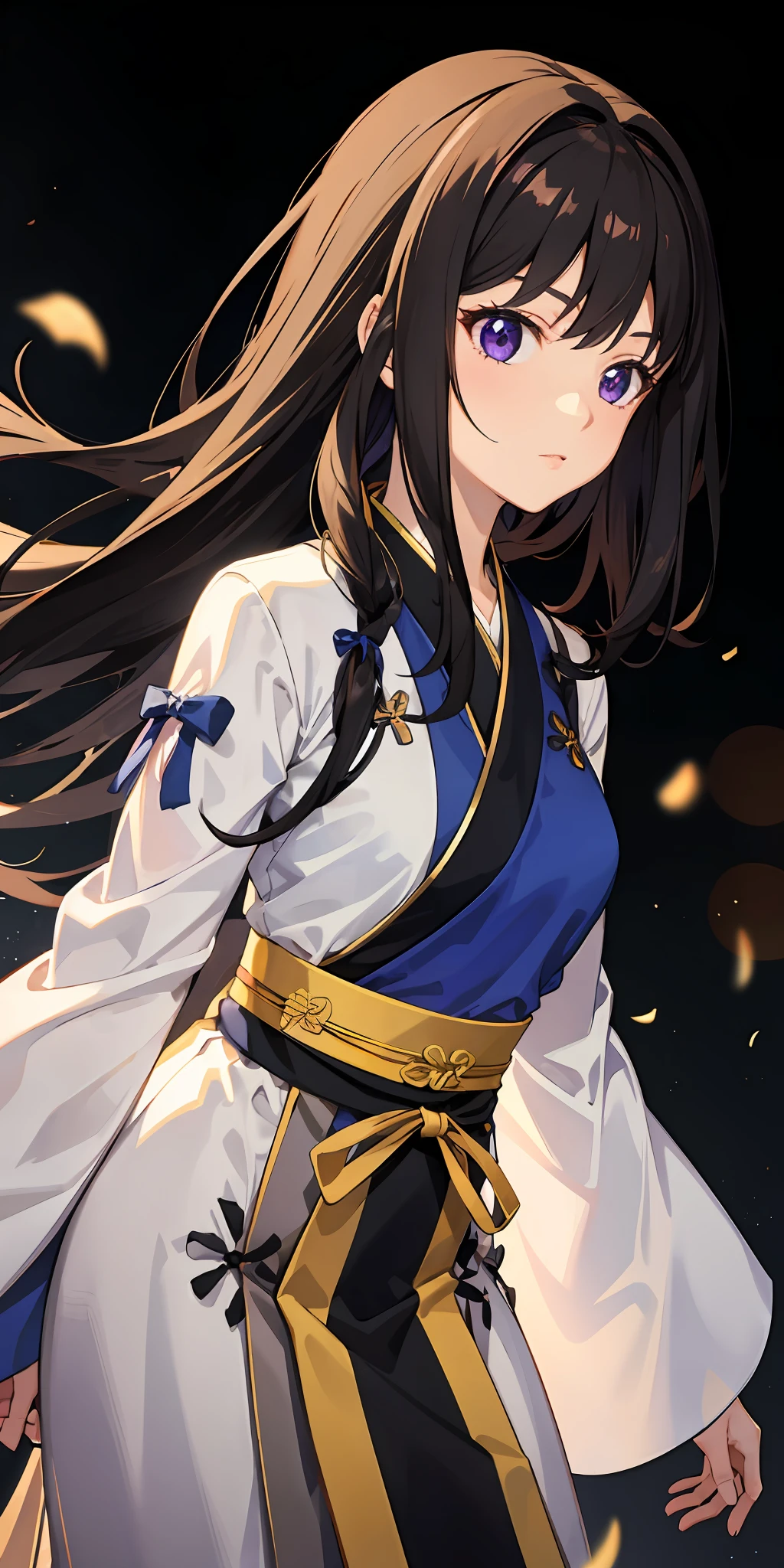 1girl middle breasts, (Hanfu), glowing with, side-lighting, Wallpapers,Inoue Takina,Purple eye,black hair