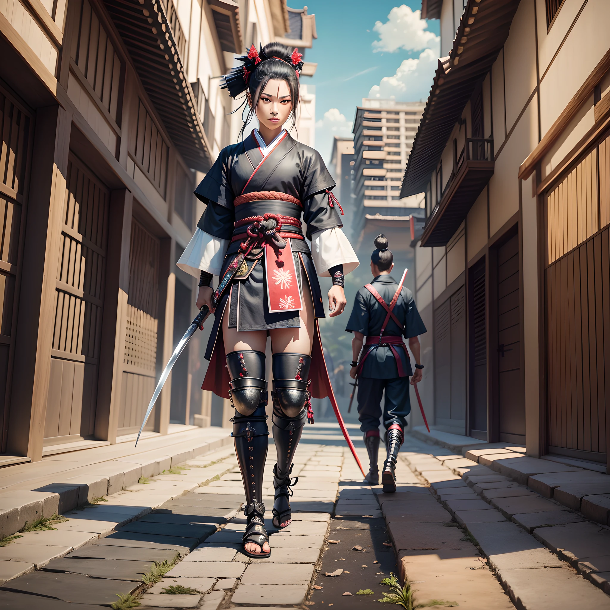 Inspired by the aesthetics of the Ghost of Tsushima video game, aiming to capture the fidelity and realism of the character, taking references from the game’s graphical representations and the artistic work of developers like Jason Connell and Ian Jun Wei Chiew. The lighting is meticulously adjusted to highlight the details of Jin Sakai’s body and armor. Soft lights and subtle shadows are used to create an immersive and realistic atmosphere. The colors remain faithful to the original character design in the game. Warm and earthy tones are used to reflect the historical setting and convey the strength and valor of the samurai. (Composition) The image is presented in a 4K resolution with a 16:9 aspect ratio, allowing for an immersive and detailed viewing of Jin Sakai’s full body. The composition highlights the samurai’s posture and facial expression, emphasizing his presence and determination in battle. The background may depict a game environment, such as a stunning landscape or a battlefield, to contextualize the character and add depth to the scene