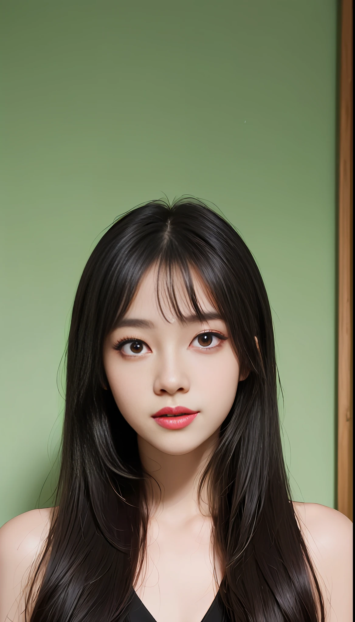 ​masterpiece， Best picture quality， hightquality， beautiful a girl， jpn， japanese school girl， Popular Korean makeup， A detailed， Swollen eyes， Detailed eyes， Detailed skins， Beautiful skins， Super-High Resolution， （Realistis： 1.4）， extraordinarily nice， Slightly younger face， Beautiful skins， Slim， （Ultra photo realsisim）， （illustratio）， （A high resolution）， （8K）， （highly detaile）， （best illustrations）， （eyes in beautiful detail）， （ultra detali）， （wall-paper）， （Detailed face）， looking looking at viewer， finely detailled，Detailed face，pureerosfaceace_V1，ssmile，Staring straight ahead，Staring straight ahead，angle from waist up，photograph of-realistic，Bright lights，Professional lighting，Bblack hair，length hair，Dark ruins，Big Red Moon，Gorgeous red and black dress，Mature woman，Long, stylish bangs，Black pupils，Gaze forward affectionately，Green background，skin fair，Charming mood with a pleasant smile， 独奏，Very beautiful