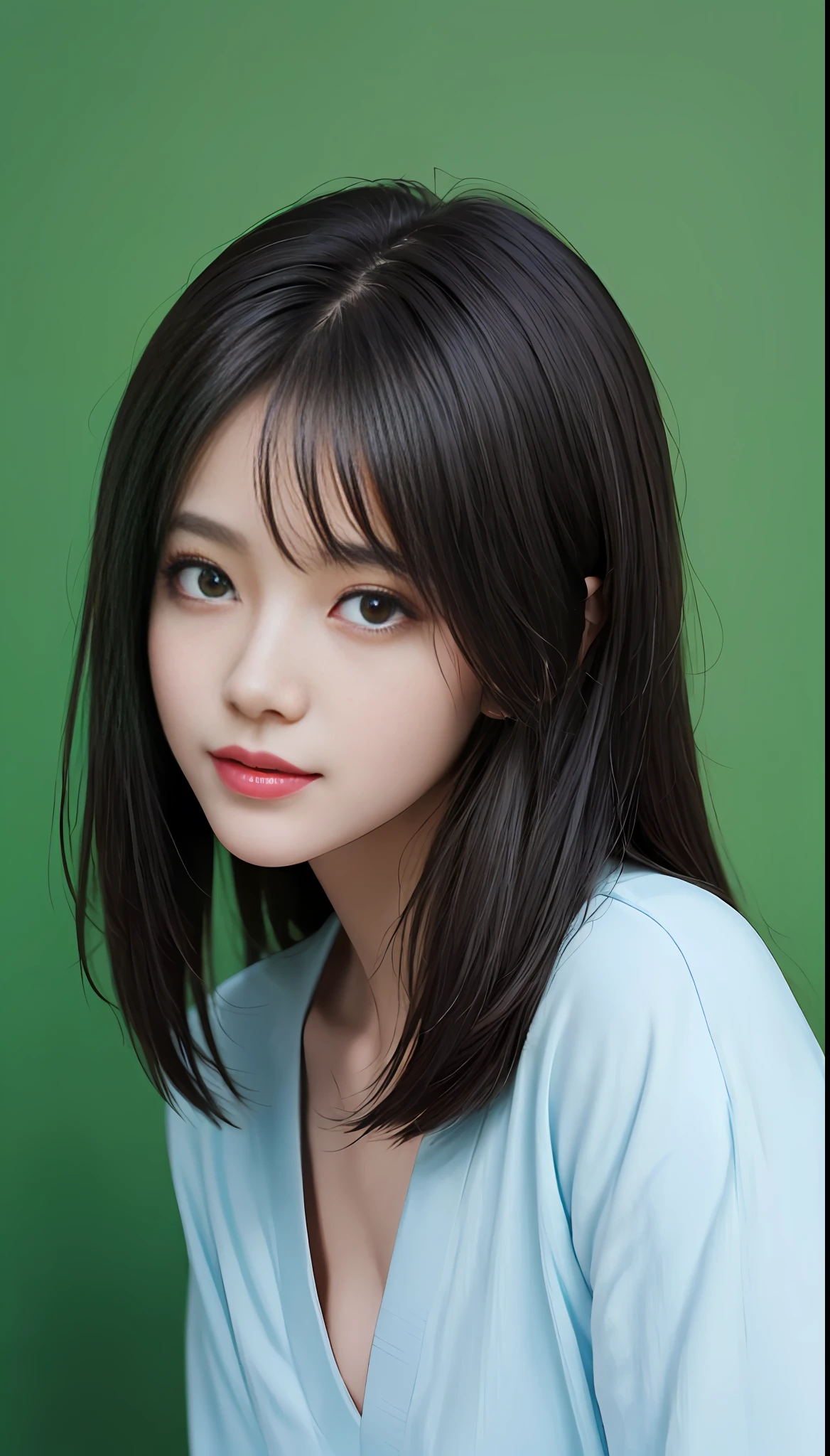 masterpiece, Best picture quality, hightquality, beautiful a girl, jpn, japanese school girl, Popular Korean makeup, A detailed, Swollen eyes, Detailed eyes, Detailed skins, Beautiful skins, Super-High Resolution, (Realistis: 1.4), extraordinarily nice, Slightly younger face, Beautiful skins, Slim, (Ultra photo realsisim), (illustratio), (A high resolution), (8K), (highly detaile), (best illustrations), (eyes in beautiful detail), (ultra detali), (wall-paper), (Detailed face), looking looking at viewer, finely detailled,Detailed face,pureerosfaceace_V1,ssmile,Staring straight ahead,Staring straight ahead,angle from waist up,photograph of-realistic,Bright lights,Professional lighting,Bblack hair,length hair,Dark ruins,Big Red Moon,Gorgeous red and black dress,Mature woman,Long, stylish bangs,Black pupils,Gaze forward affectionately,Green background,skin fair,Charming mood with a pleasant smile, 独奏,Very beautiful