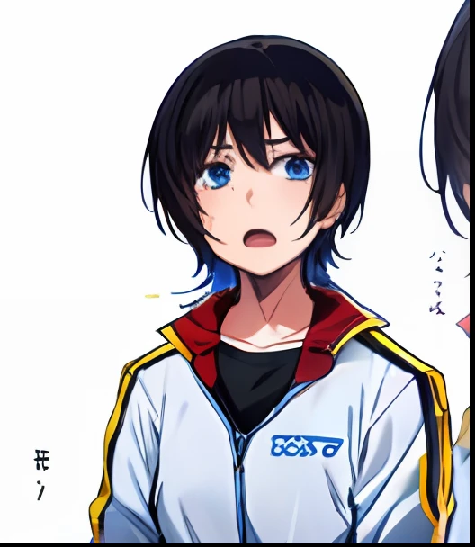 a anime of a girl close up with short hair and looking viewer, blue eyes, jacket, black hair, open mouth, sweat, shocked, color manga, manga color, color manga, color manga panel, simple background, a white background