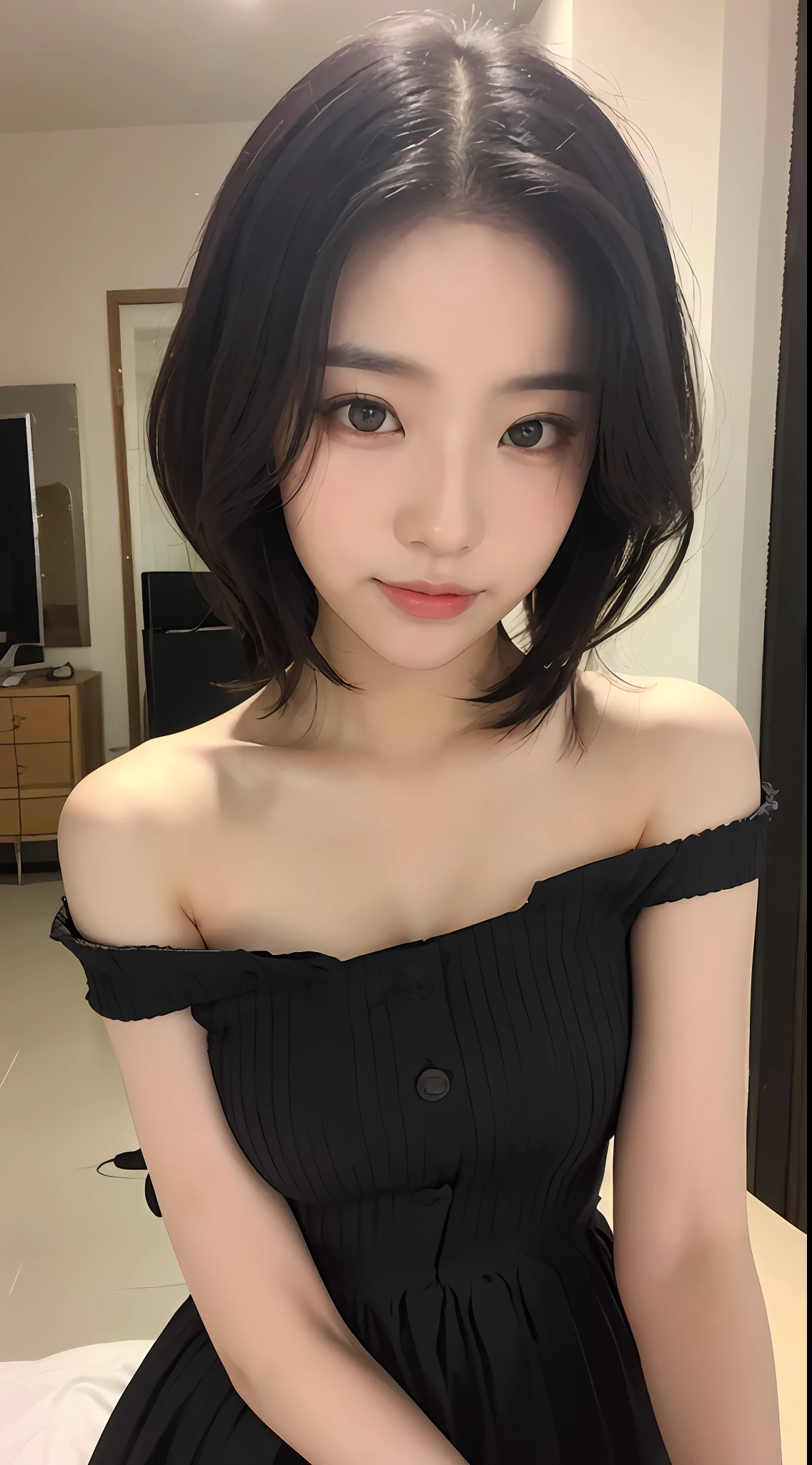 ((品质最佳, 8K, 巨作 :1.3)), Sharp focus :1.2, ((short shoulder length hair:1.2)), (Lolita costume:1.3), (inside room:1.2), Highly detailed facial and skin texture, detailed eye, 双眼皮,Close-up,Seductive expressions,mischievous expression,Eyes are confused,A teasing smile,head bowed slightly,