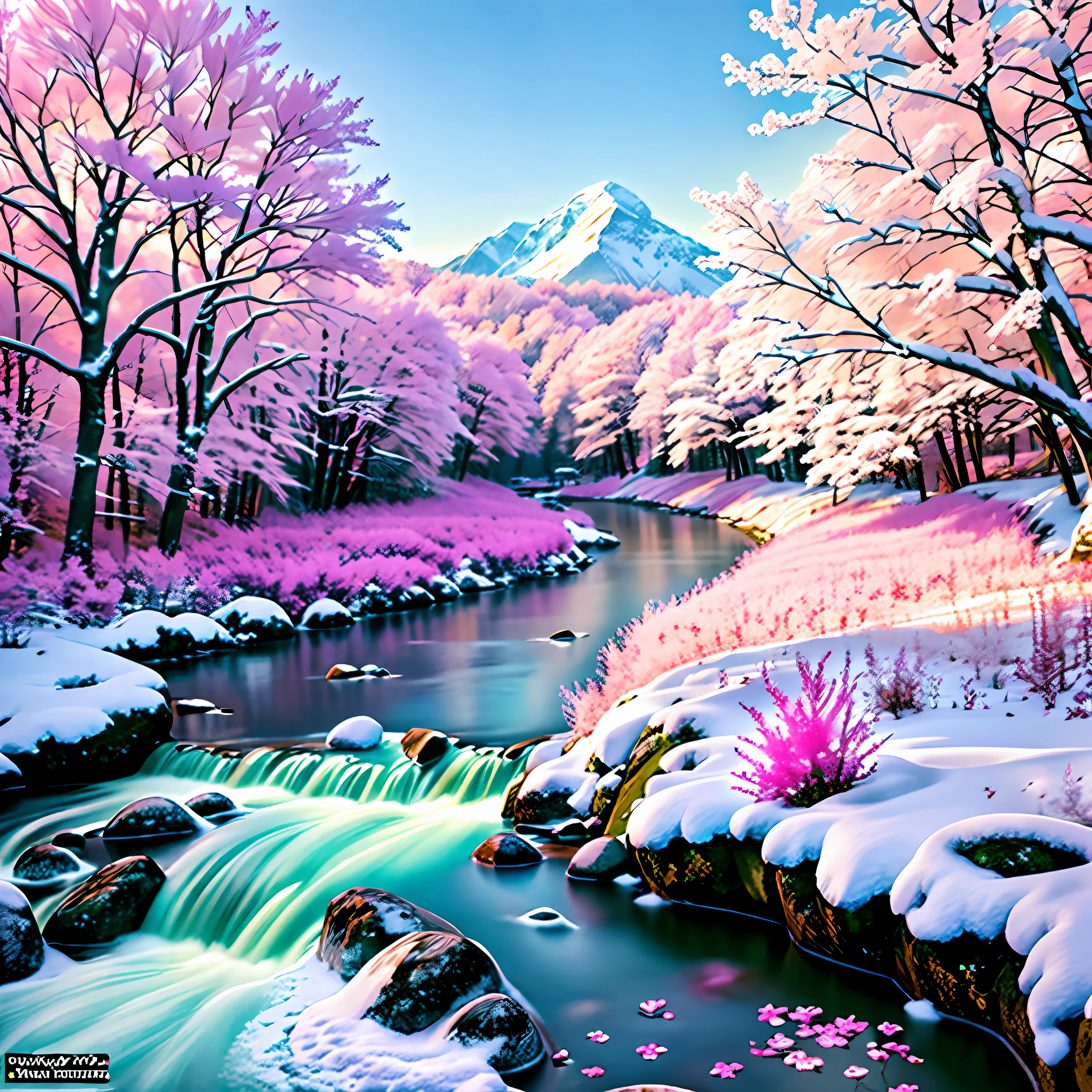 snowy river with pink trees and pink flowers in the foreground, pink landscape, beautiful snowy landscape, pink waterfalls, really beautiful nature, warm beautiful scene, pink forest, beautiful winter area, very beautiful scenery, anime beautiful peace scene, very beautiful photo, beautiful nature, very very beautiful scenery, beautiful flowing feeling, winter setting, anime nature, very very very beautiful scenery