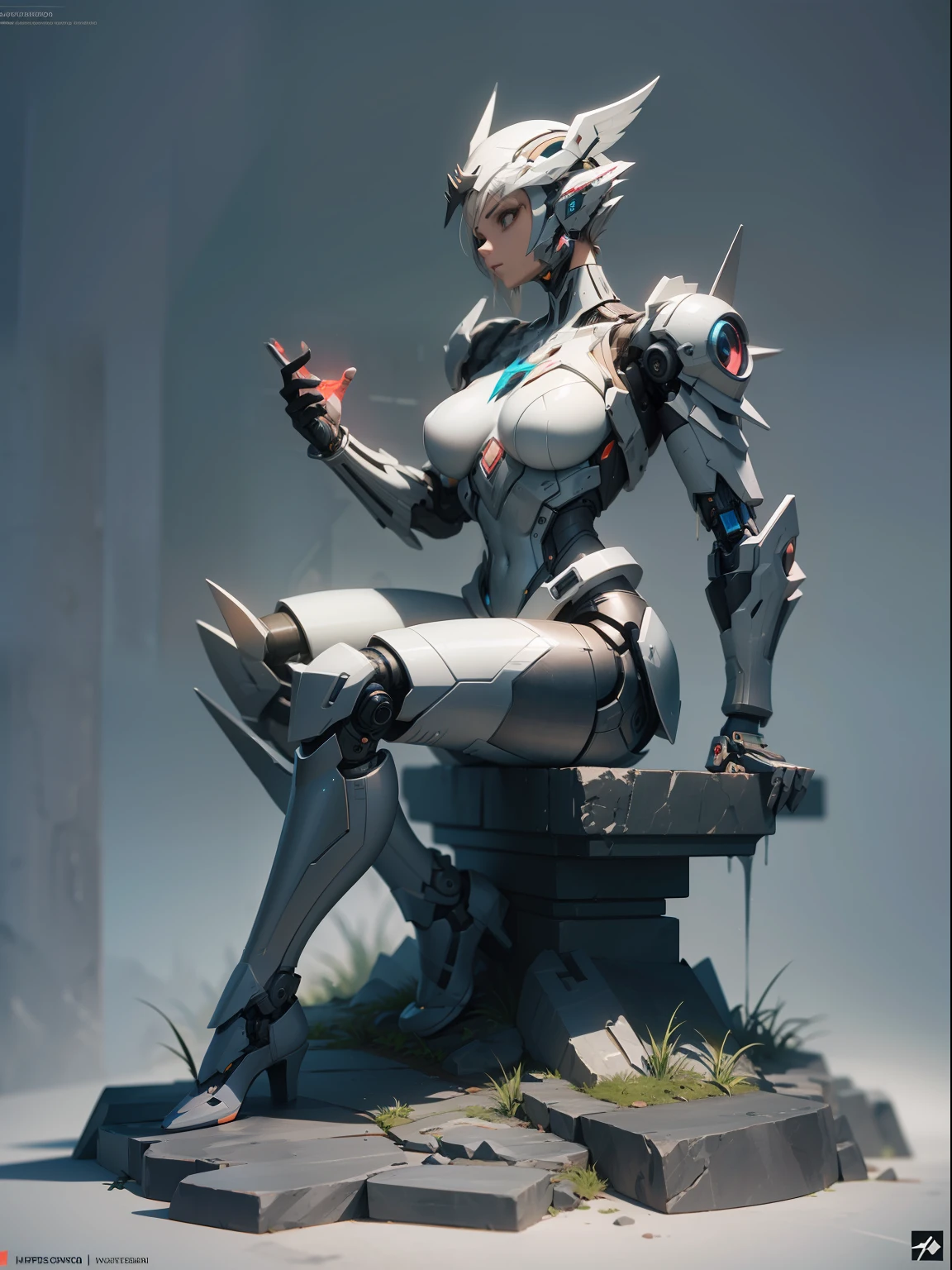 sculpture by michael angelo, hyper detailed futuristic thinking cyborg made of stone, dynamic sitting, sharp focus, hyper detailing, octane render, 16k, uhd, depth of field