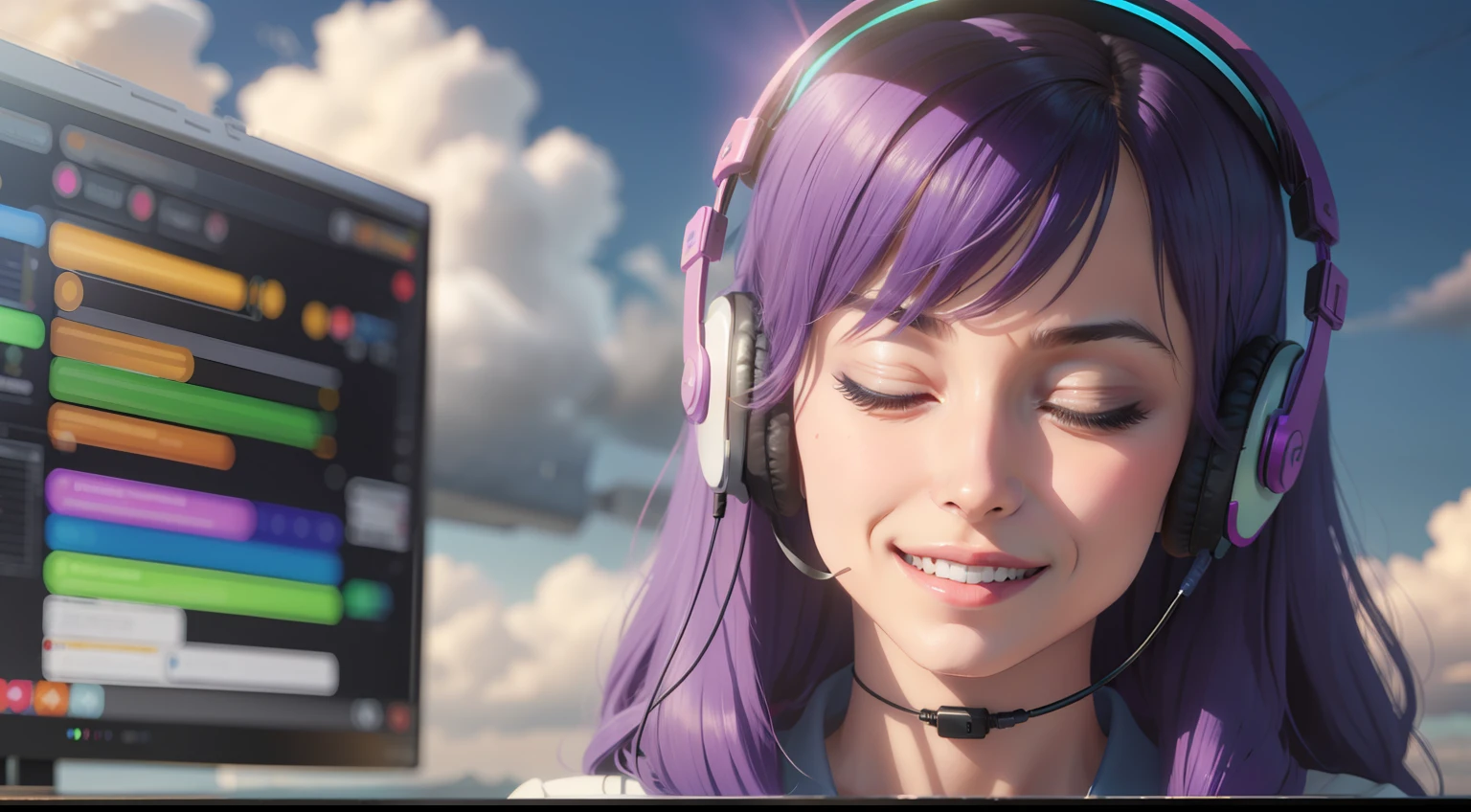 Woman with peace sense headset, closed eyes, beautiful face, RGB colors, purple hair, banner for youtube video, happy girl, clouds with RGB colors.