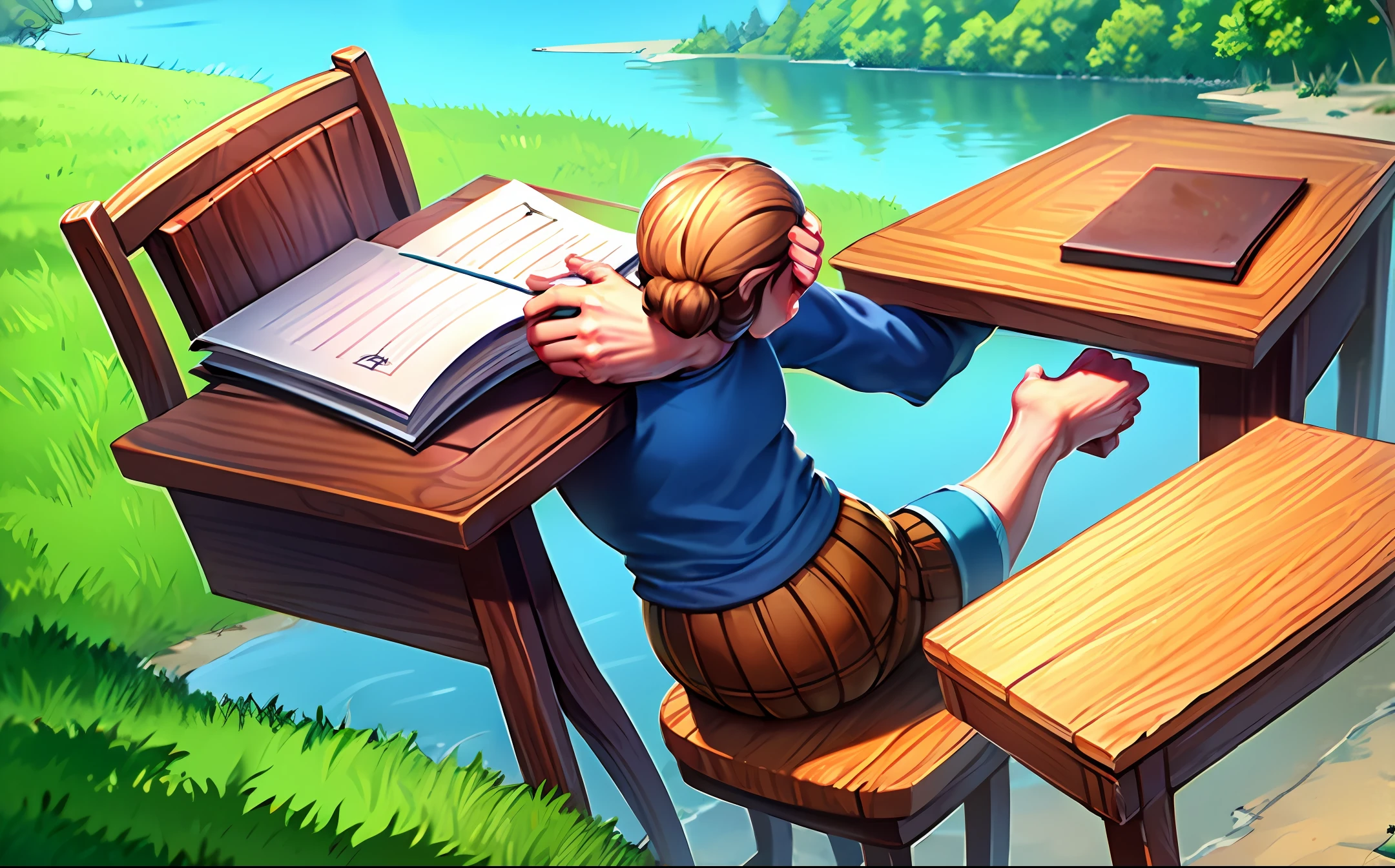 Elderly woman writing near a lake