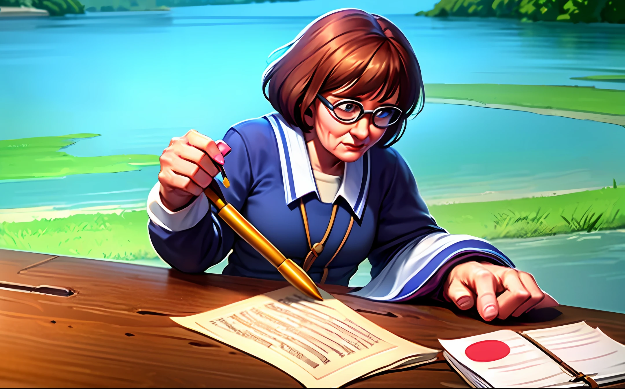 Elderly woman writing near a lake